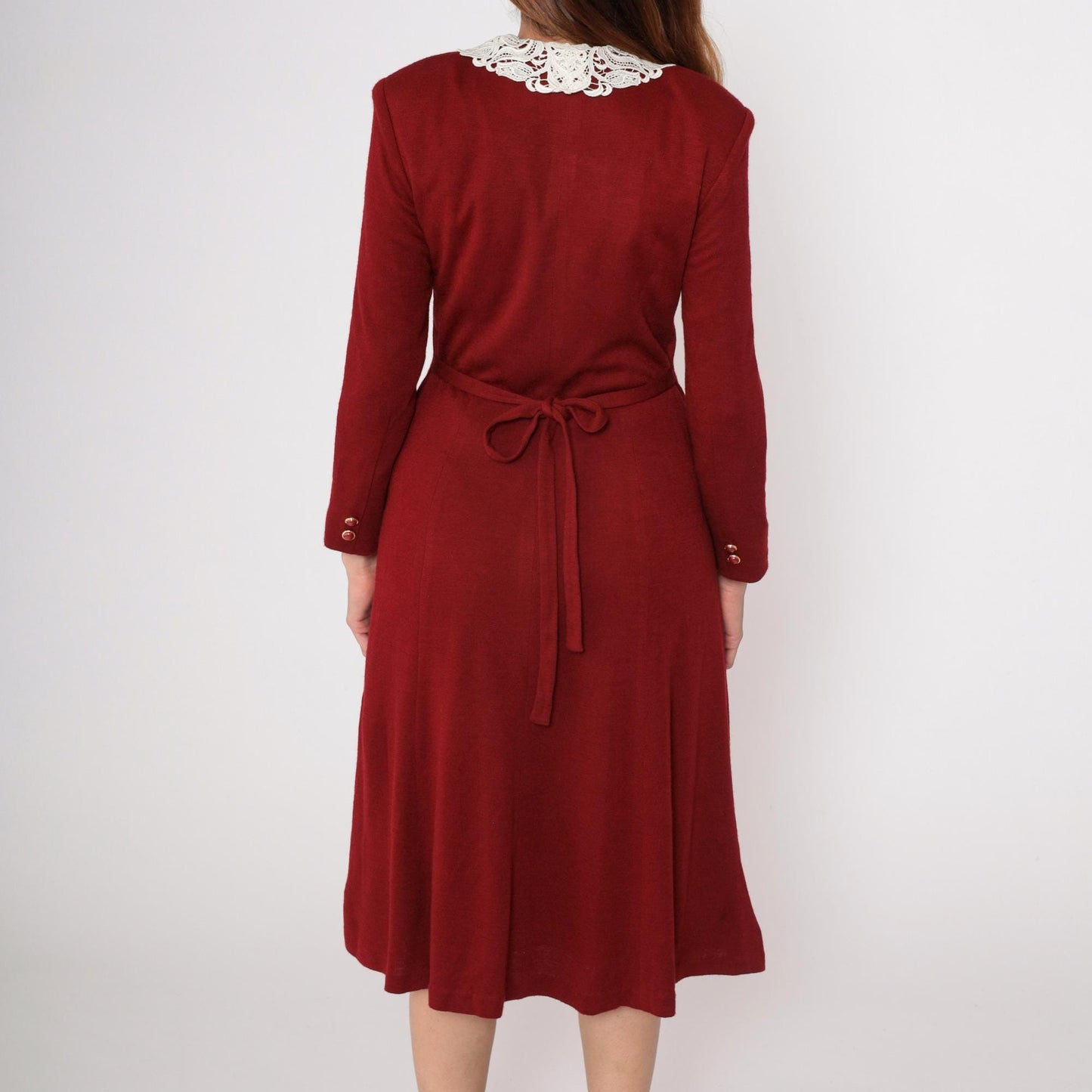 80s Lourejann Burgundy Midi Dress Peter Pan Collar Lace Small