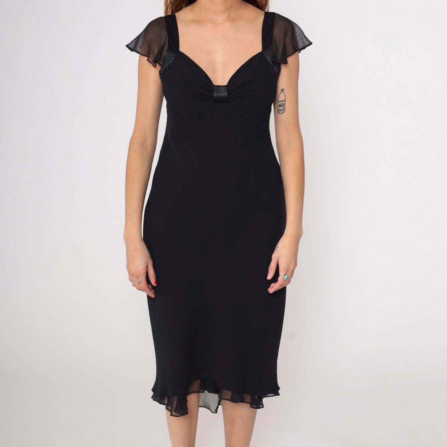 90s Jones Wear Black Chiffon Midi Dress Flutter Sleeve V-Neck Medium