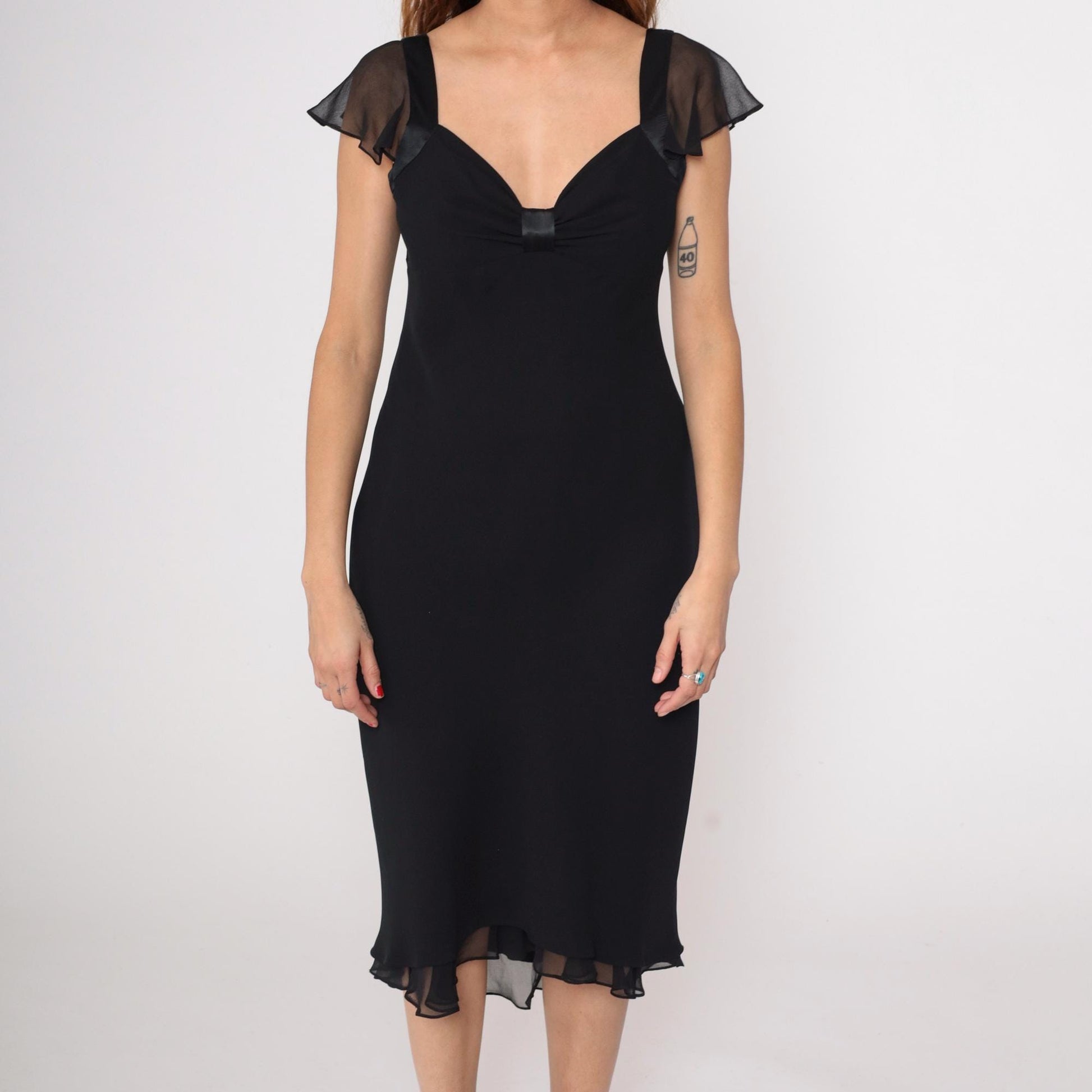 90s Jones Wear Black Chiffon Midi Dress Flutter Sleeve V-Neck Medium