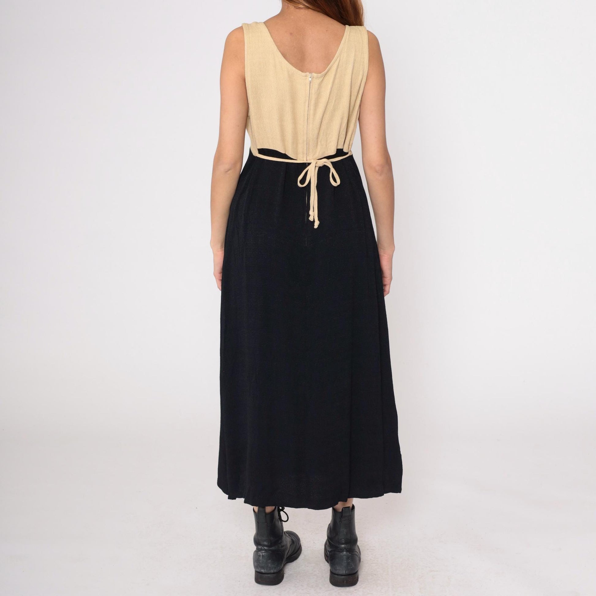 90s K Studio Color Block Maxi Dress Cream Black Tank Sleeveless Large