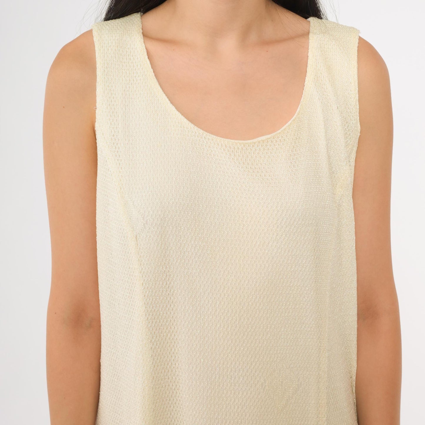 90s Onyx Nite Cream Metallic Fringe Midi Dress Scoop Neck Sleeveless Extra Large