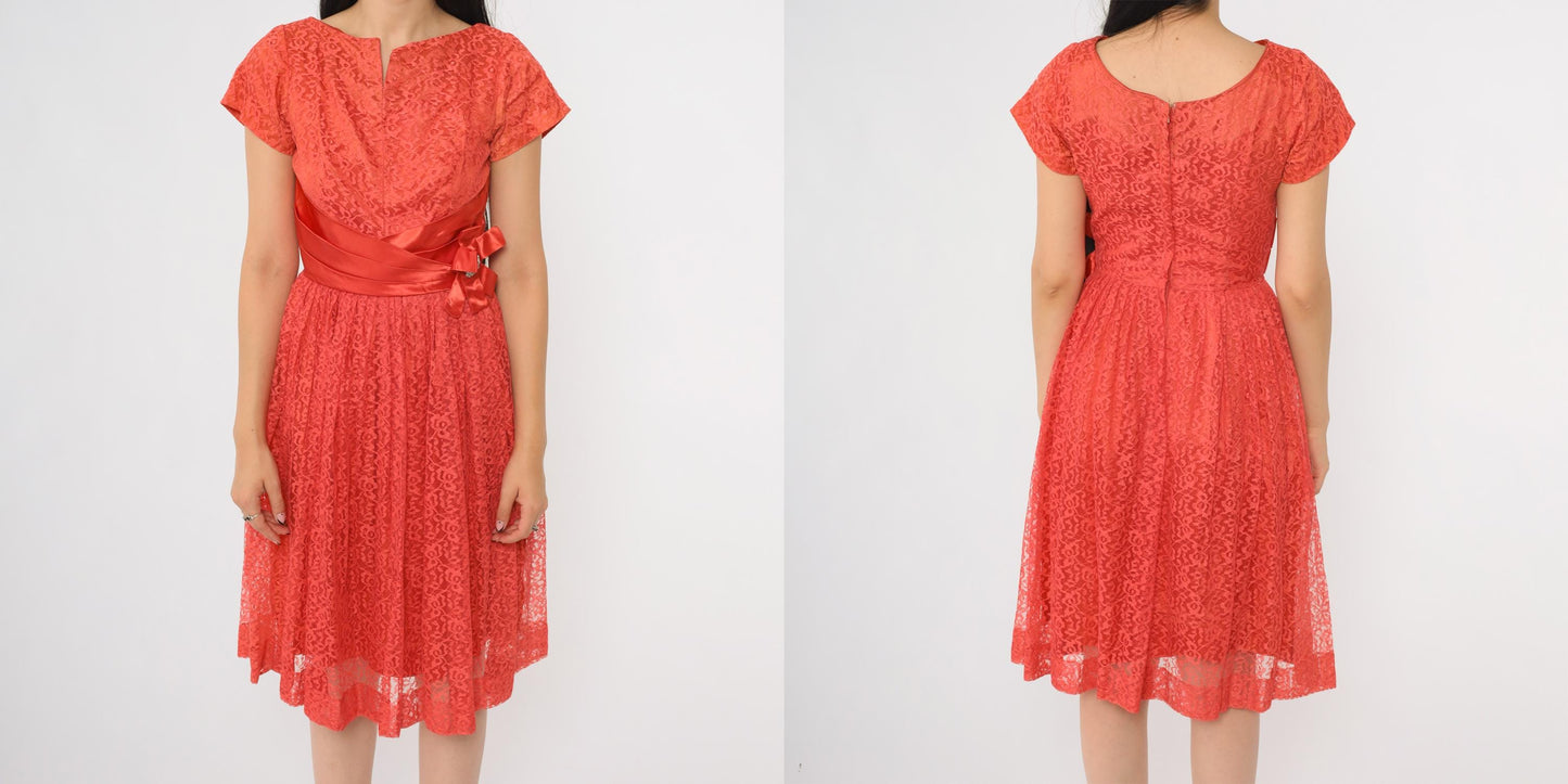 60s Coral Lace Midi Dress V Neck Short Sleeve Bow Belt Rhinestone Brooch XS