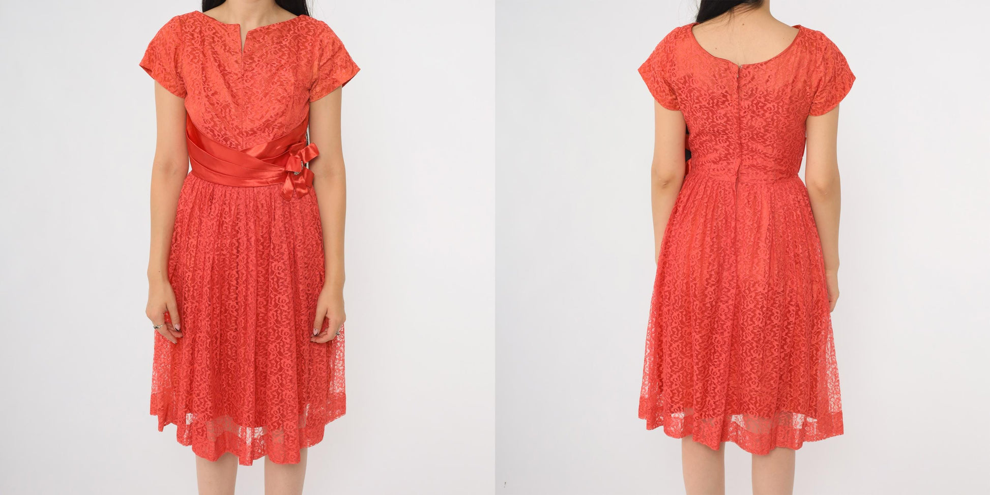 60s Coral Lace Midi Dress V Neck Short Sleeve Bow Belt Rhinestone Brooch XS