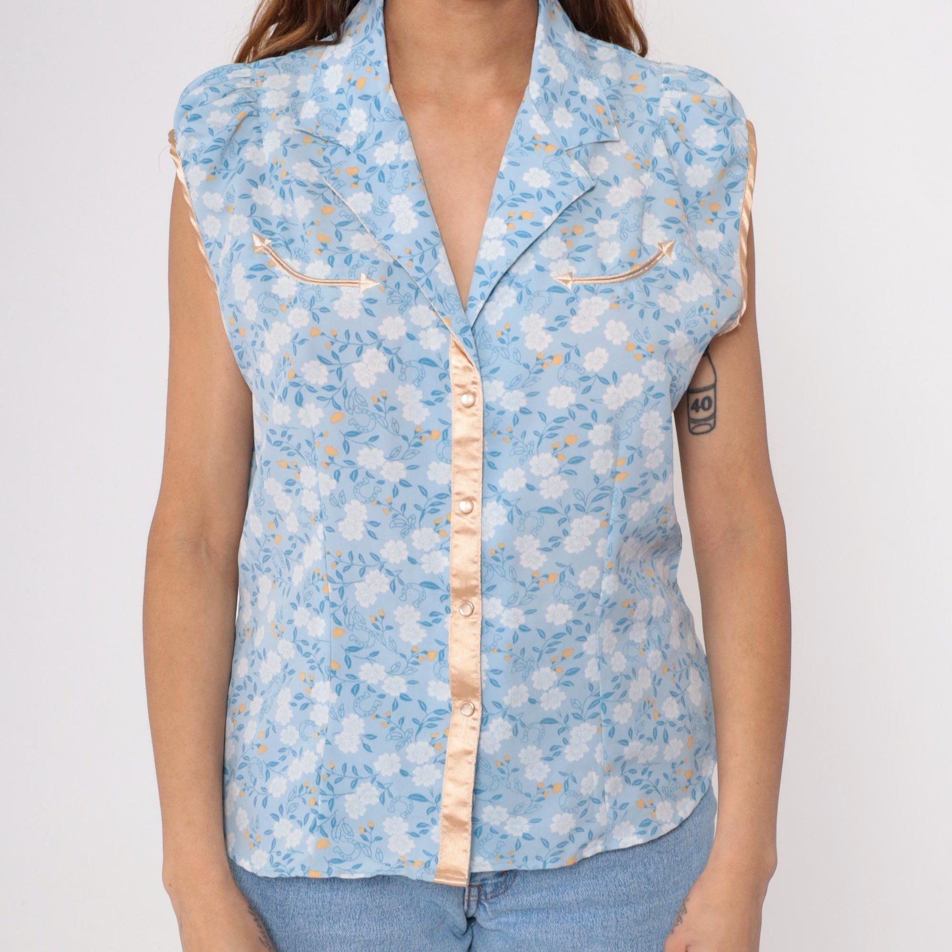 Y2K Shyanne Western Sleeveless Blouse Blue Floral Pearl Snap Large L
