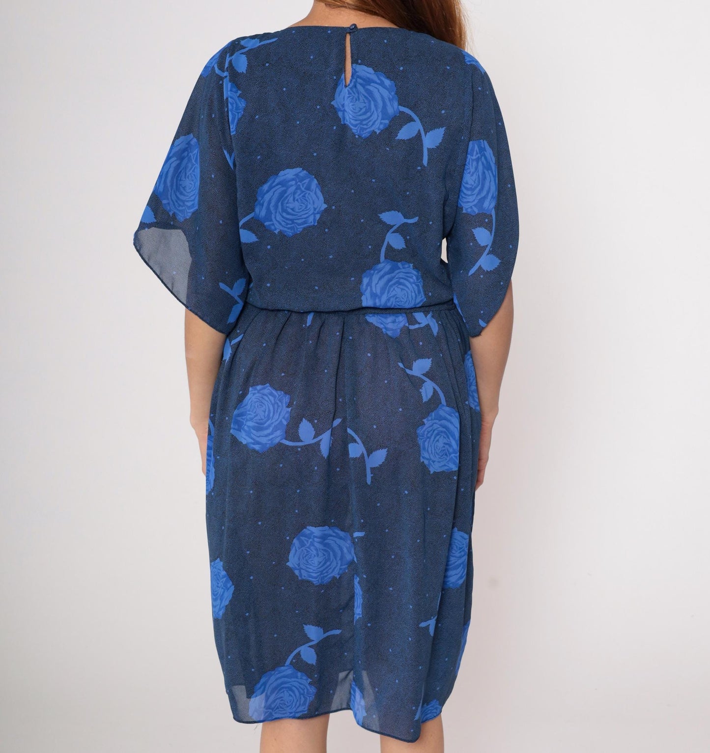 90s Navy Floral Midi Dress Positive Attitude Kimono Sleeve Small