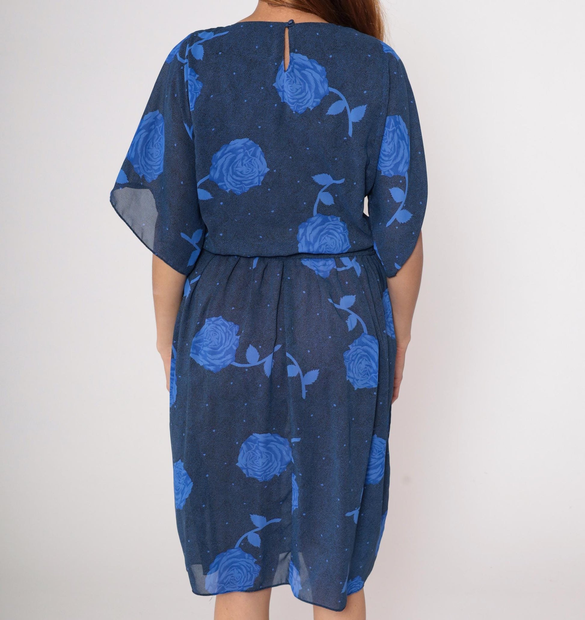90s Navy Floral Midi Dress Positive Attitude Kimono Sleeve Small