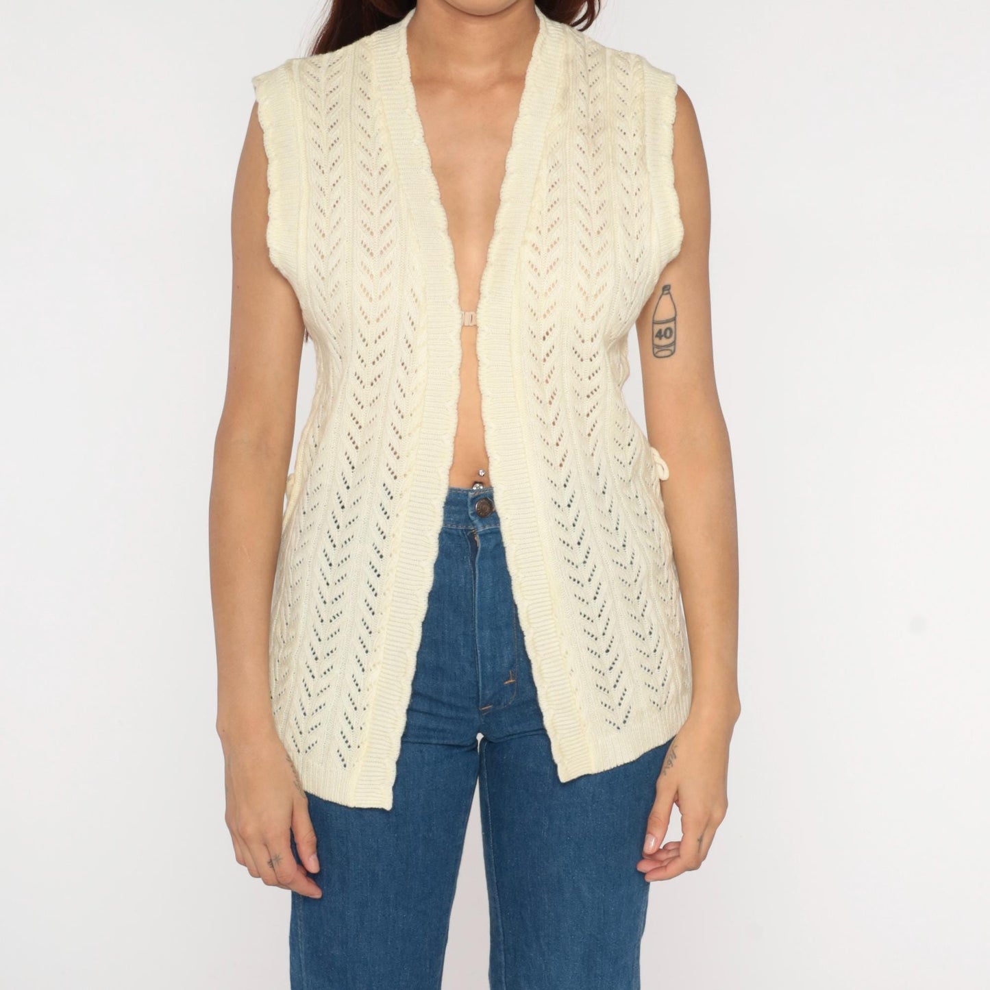 70s St Michael Cream Crochet Knit Vest Open Front Sleeveless Small