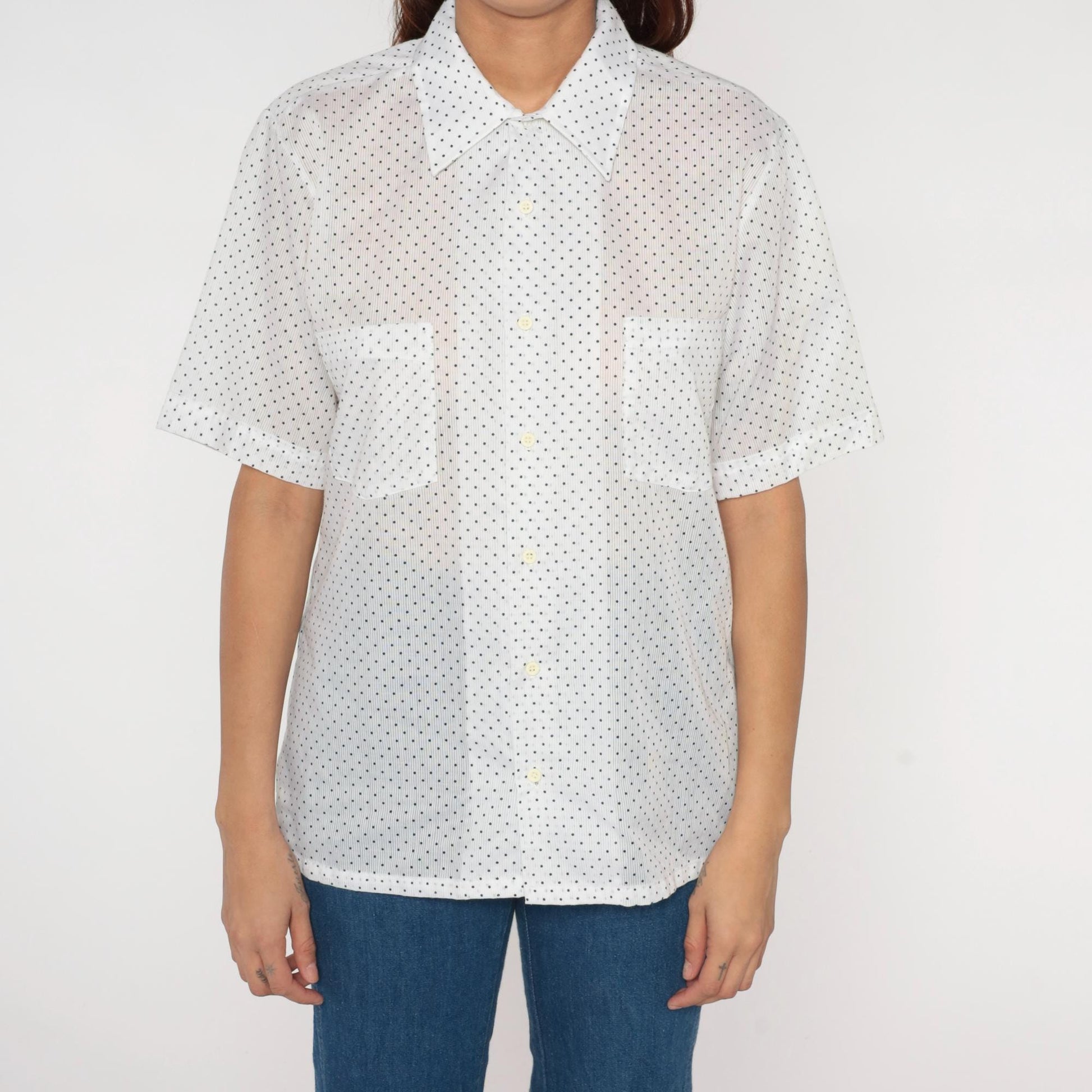 70s Polka Dot Button Up Shirt White Blue Short Sleeve Mens Medium