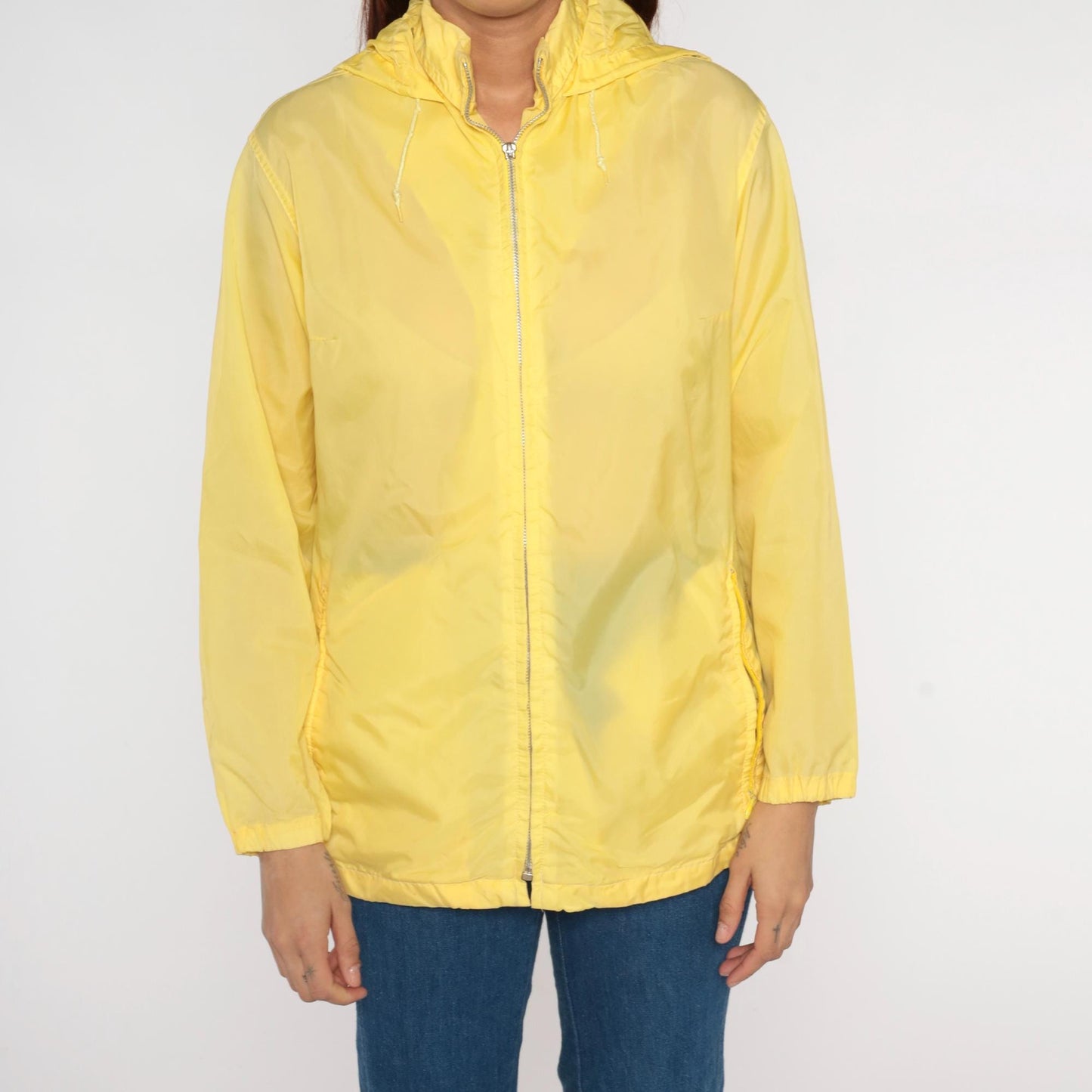 80s Yellow Nylon Hooded Windbreaker Jacket Zip-Up Medium M