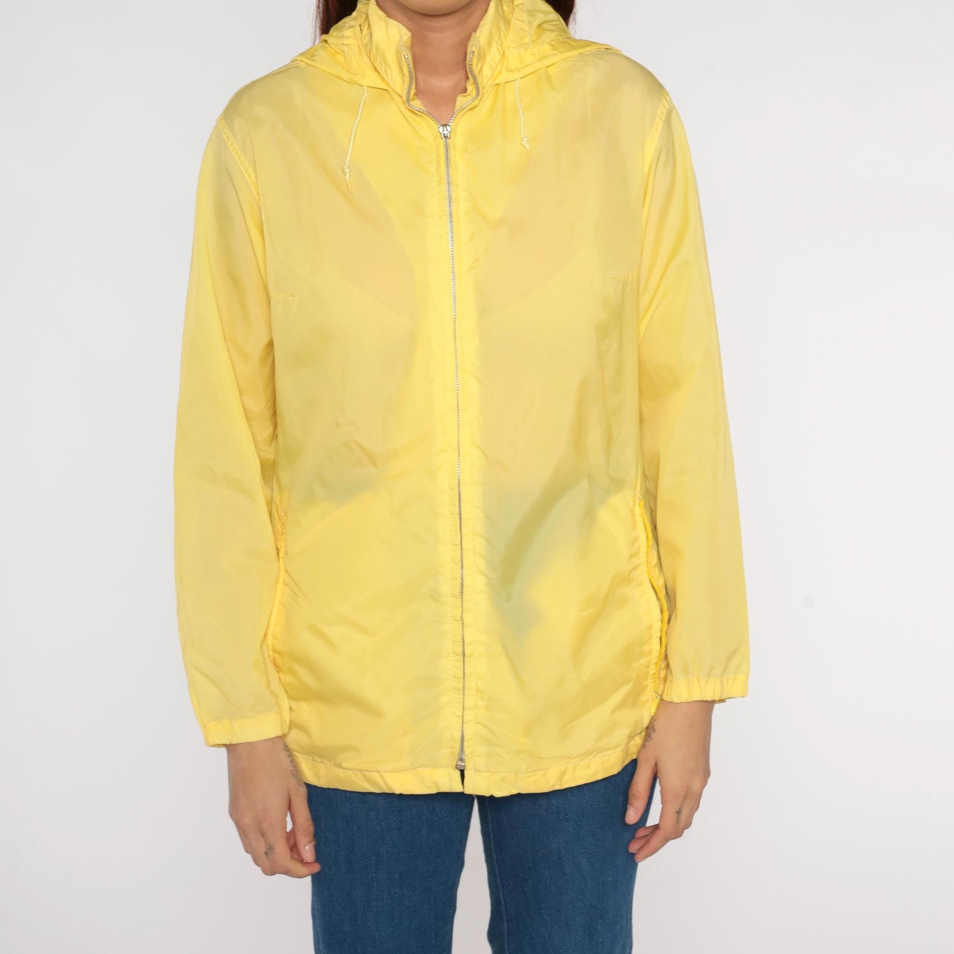 80s Yellow Nylon Hooded Windbreaker Jacket Zip-Up Medium M
