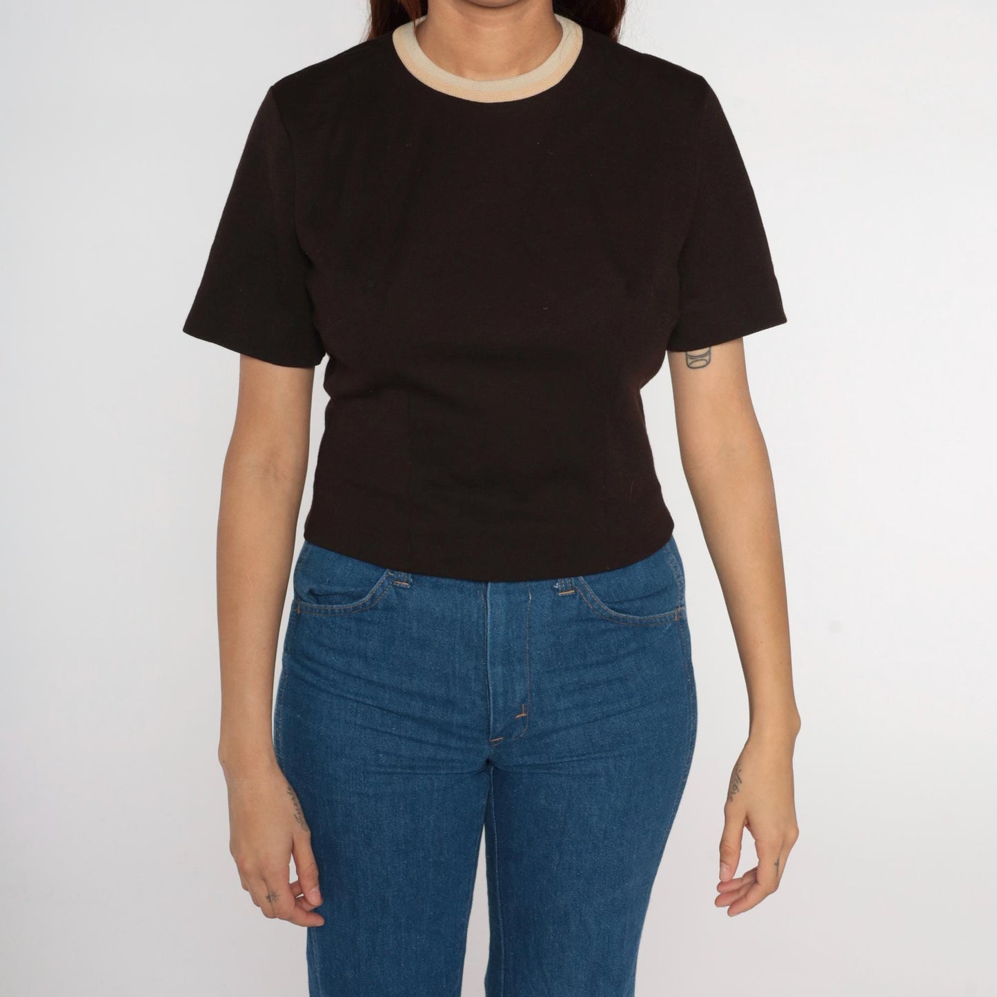 70s Cream Ringer Tee Brown Trim Cropped Fitted Short Sleeve Medium