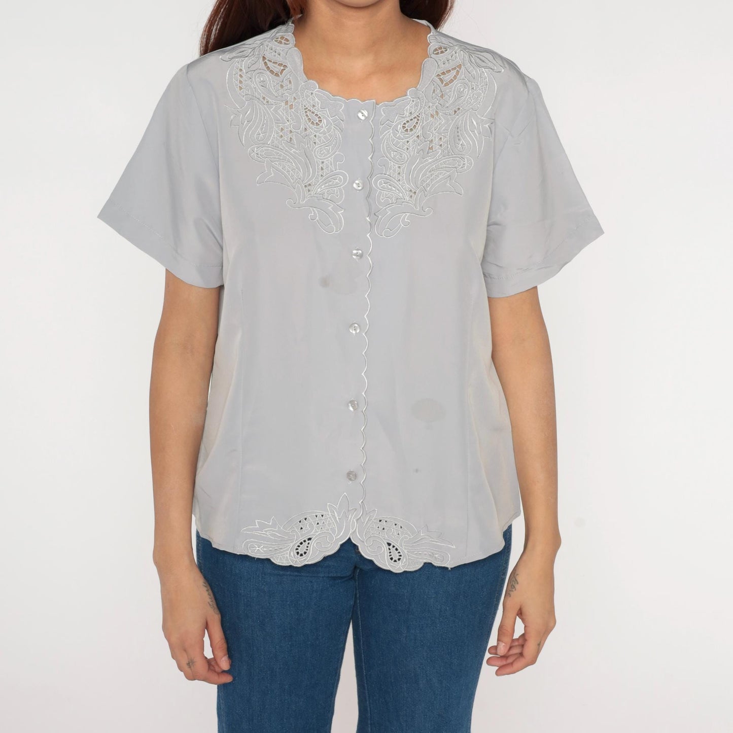 Y2K Anthony Richards Grey Embroidered Blouse Cutwork Paisley Scalloped Hem Medium