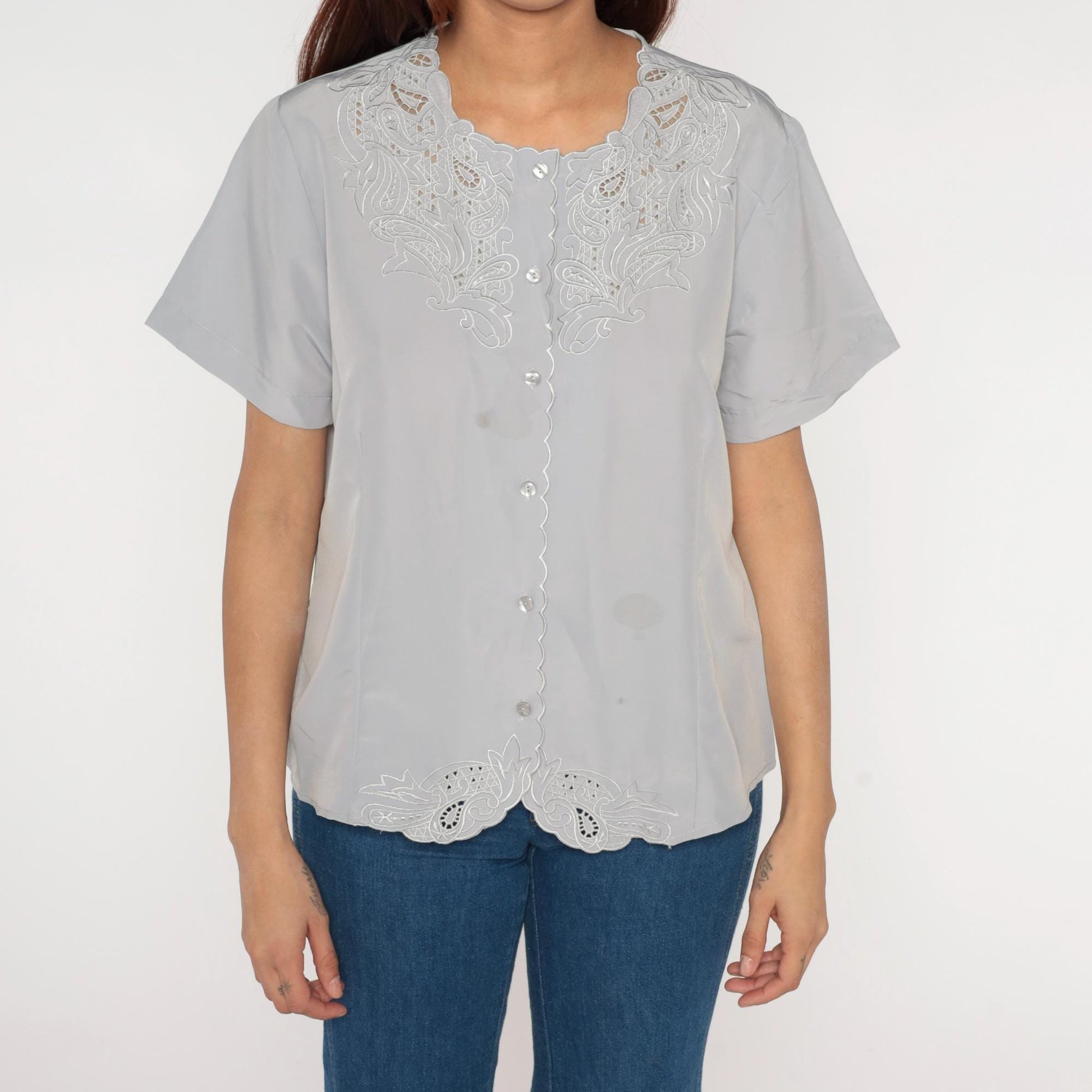 Y2K Anthony Richards Grey Embroidered Blouse Cutwork Paisley Scalloped Hem Medium
