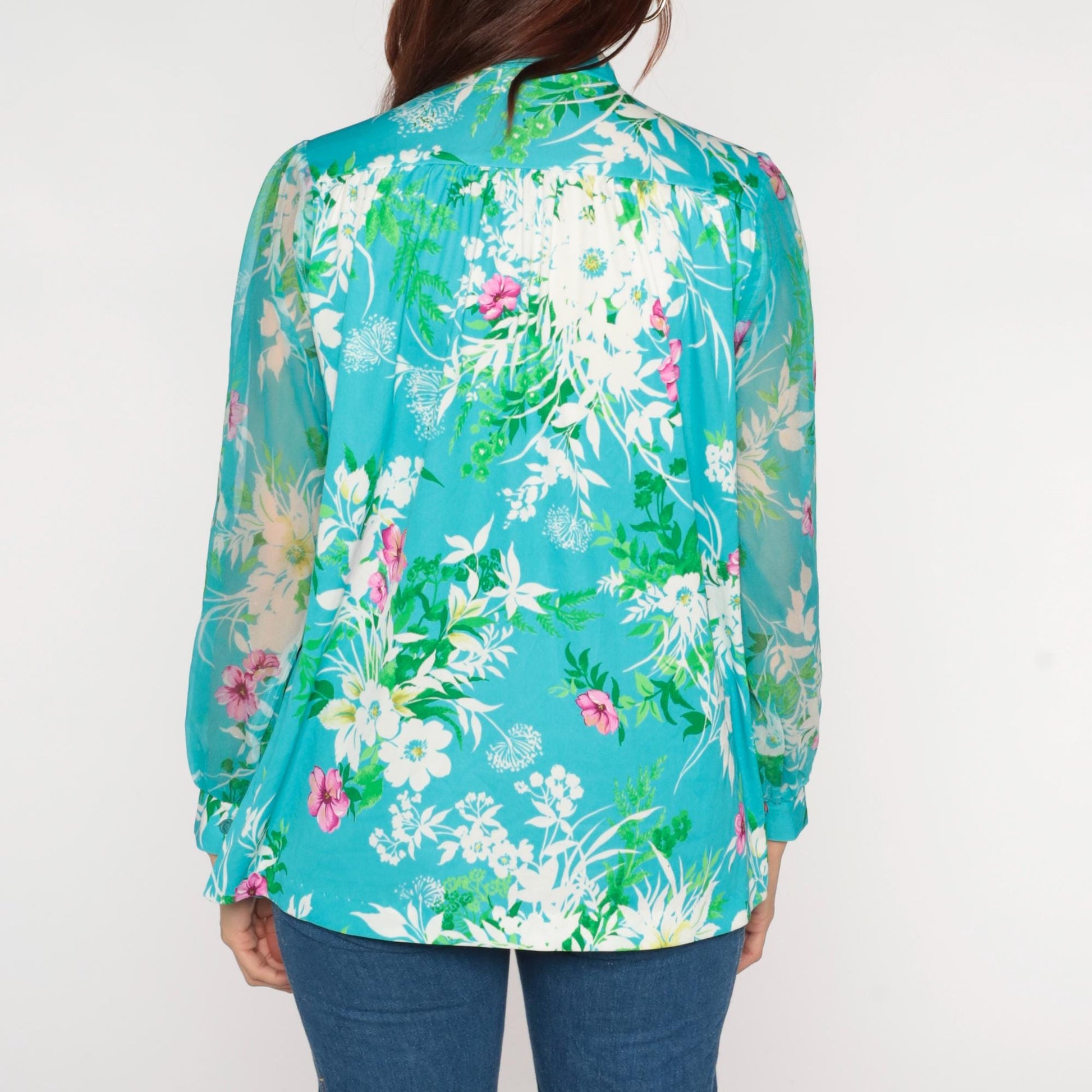 70s Hawaiian Turquoise Floral Blouse Long Sleeve Button Front Medium M