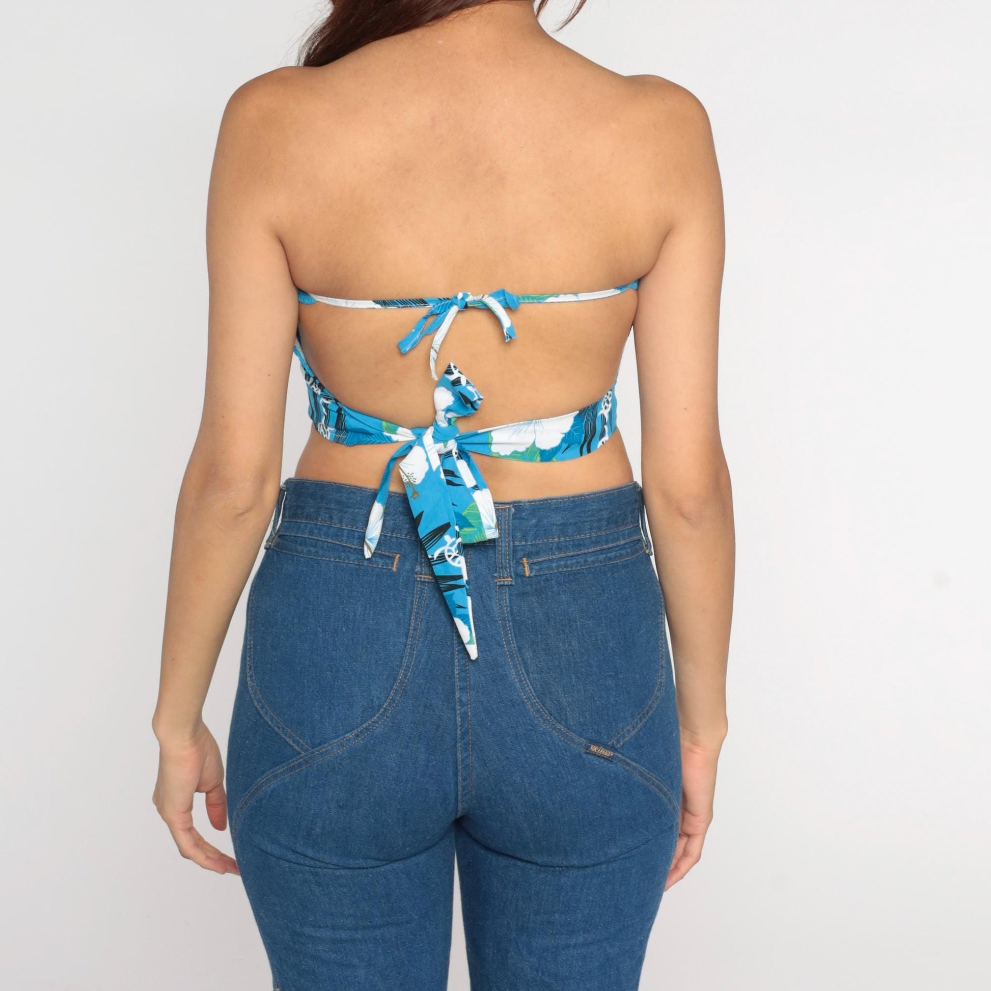 Y2K Blue Hawaiian Hibiscus Cotton Bandeau Crop Top Strapless Tie Back Small