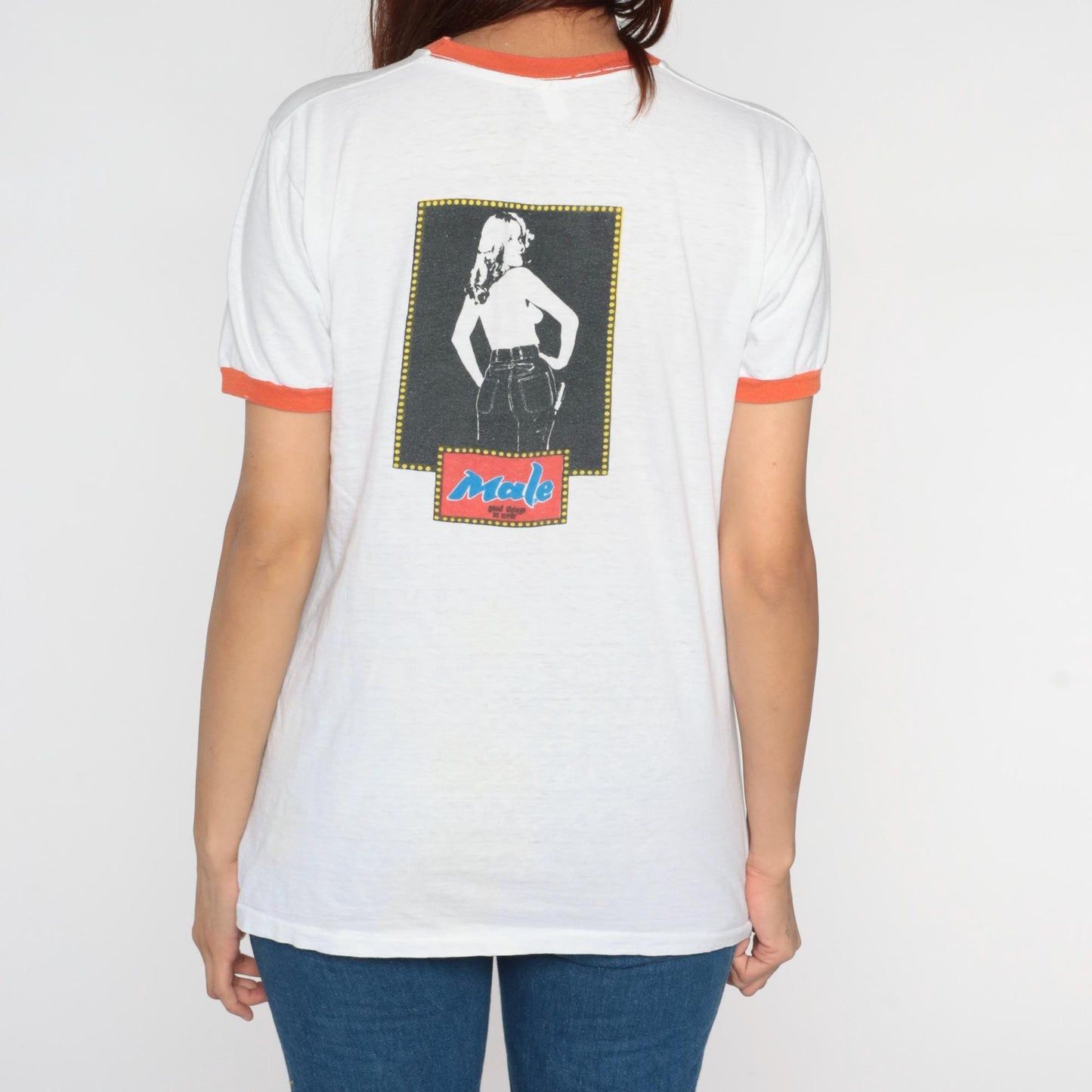 70s Male Jeans Ringer T-Shirt White Orange Trim Pinup Graphic Medium