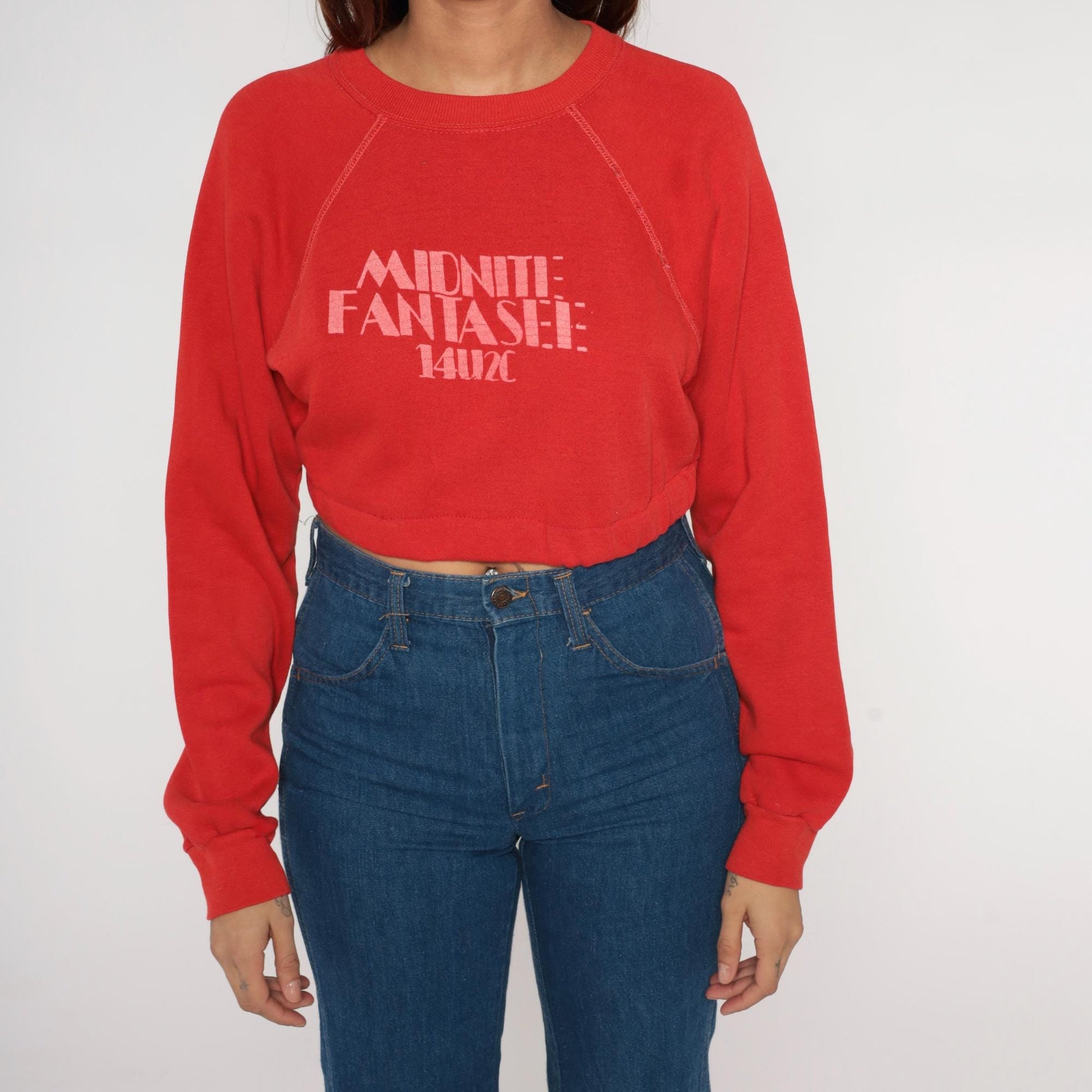 80s Red Cropped Sweatshirt Midnite Fantasee Graphic Raglan Small