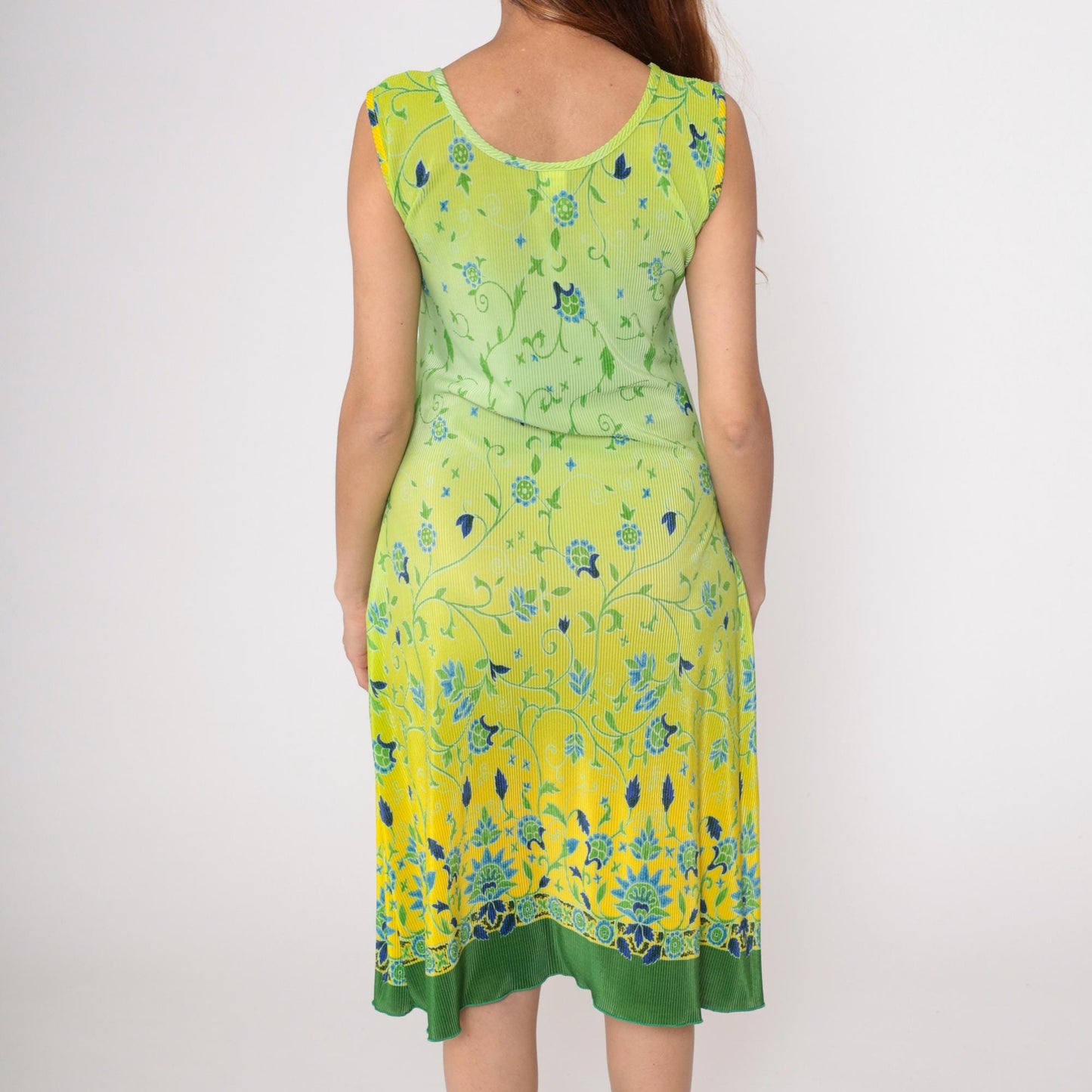 90s La Fete Lime Ombre Midi Dress Floral Scoop Neck Sleeveless Plus Size XXL
