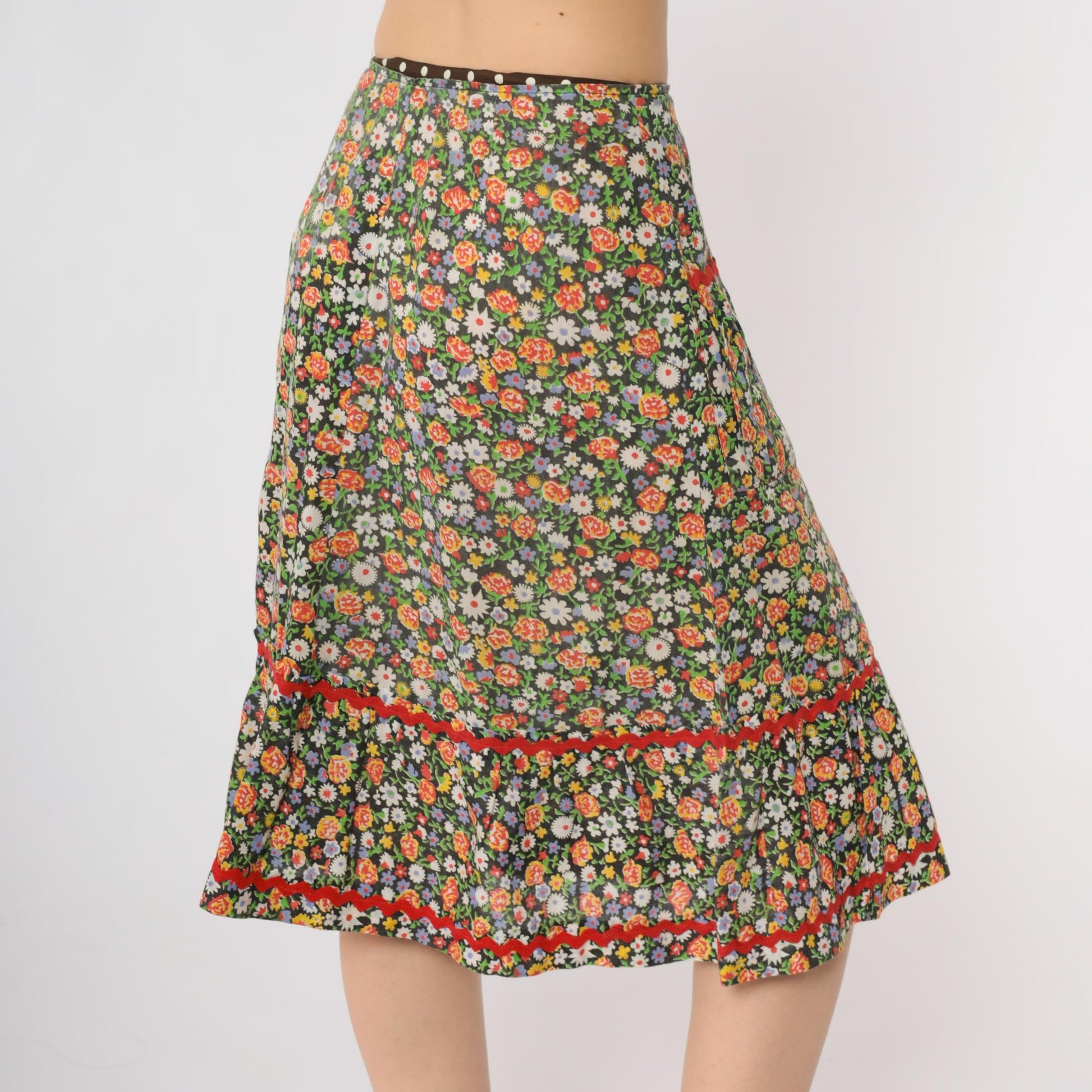 70s Floral Prairie Skirt Tiered Ruffle Midi Black Red Rickrack Small