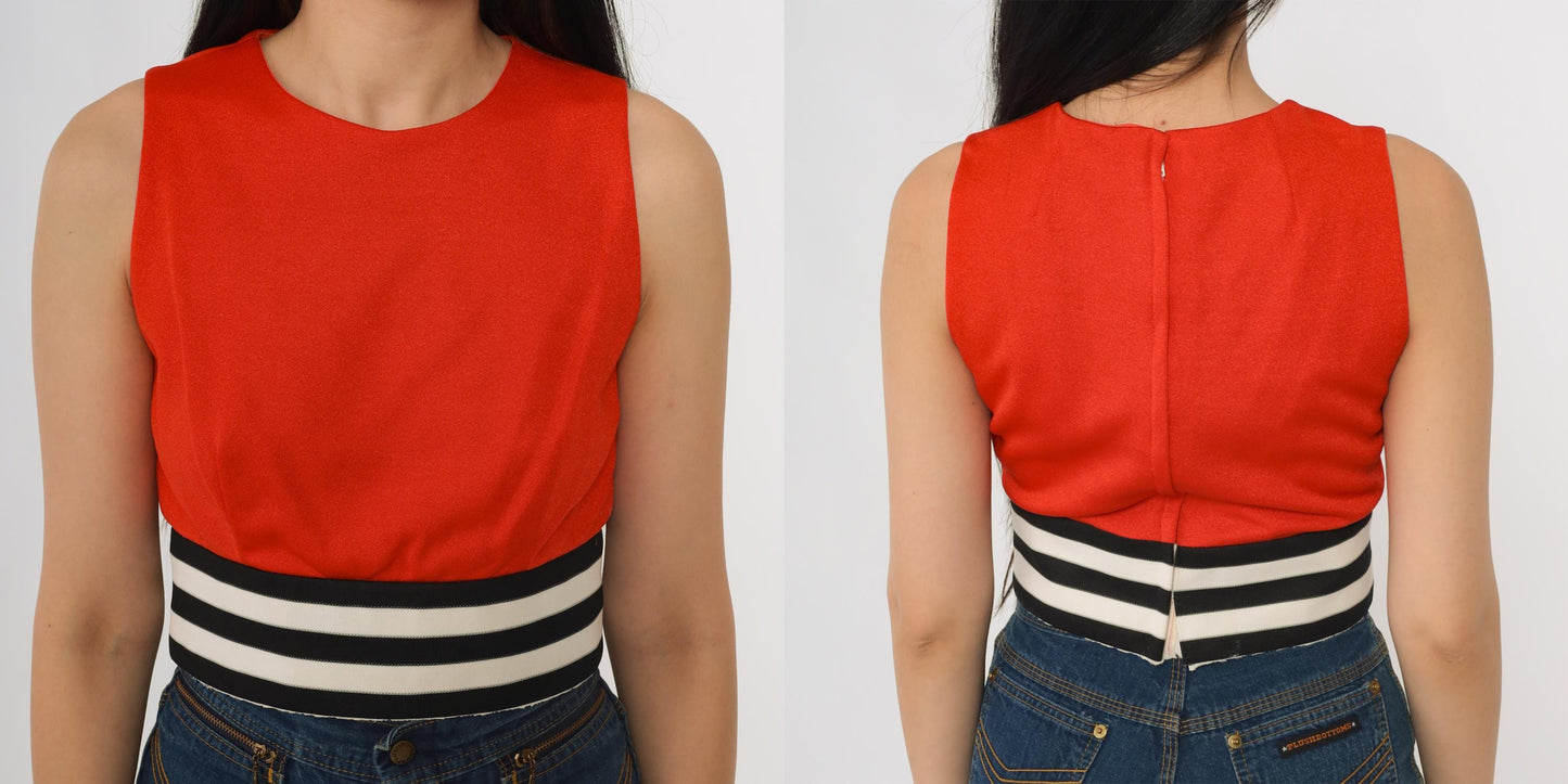 70s Red Orange Tank Top Striped Waistband Cropped Sleeveless Extra Small 2XS