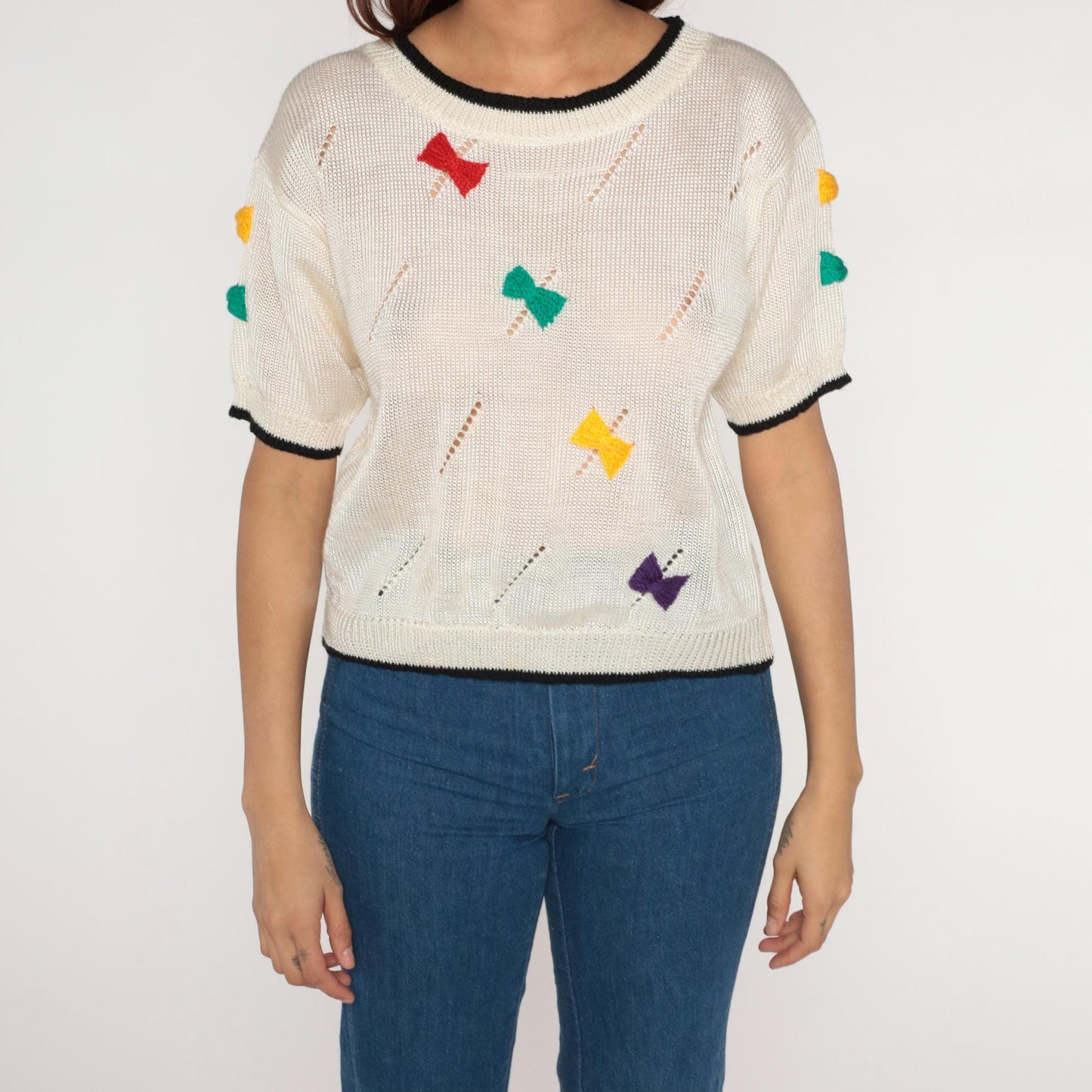80s Bow Print Sweater Cream Rainbow Short Sleeve Knit Medium M