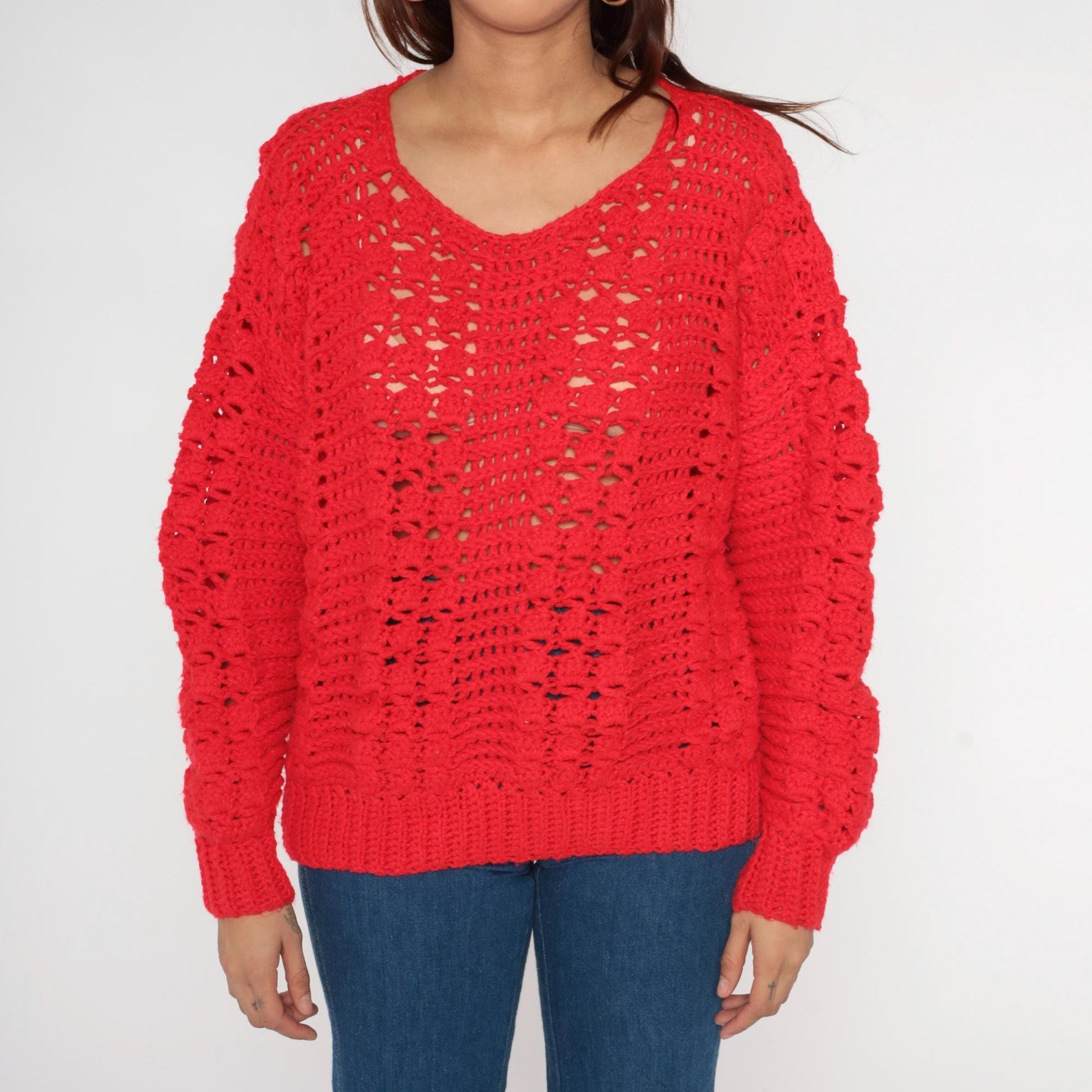 80s Red Crochet Open Weave Sweater Scoop Neck Long Sleeve Large L