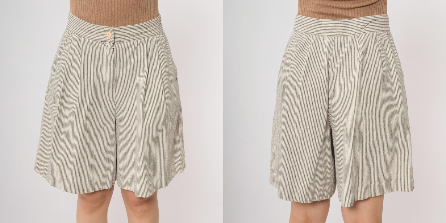 90s High Waisted Pleated Shorts Pinstripe Cotton Preppy Beige Medium M