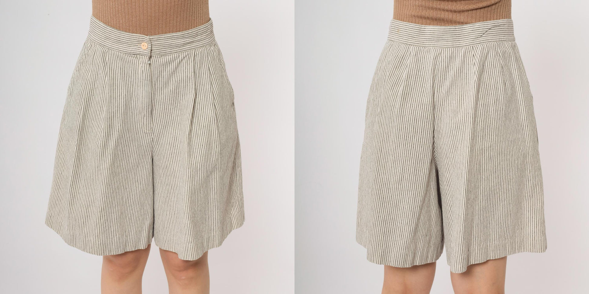 90s High Waisted Pleated Shorts Pinstripe Cotton Preppy Beige Medium M