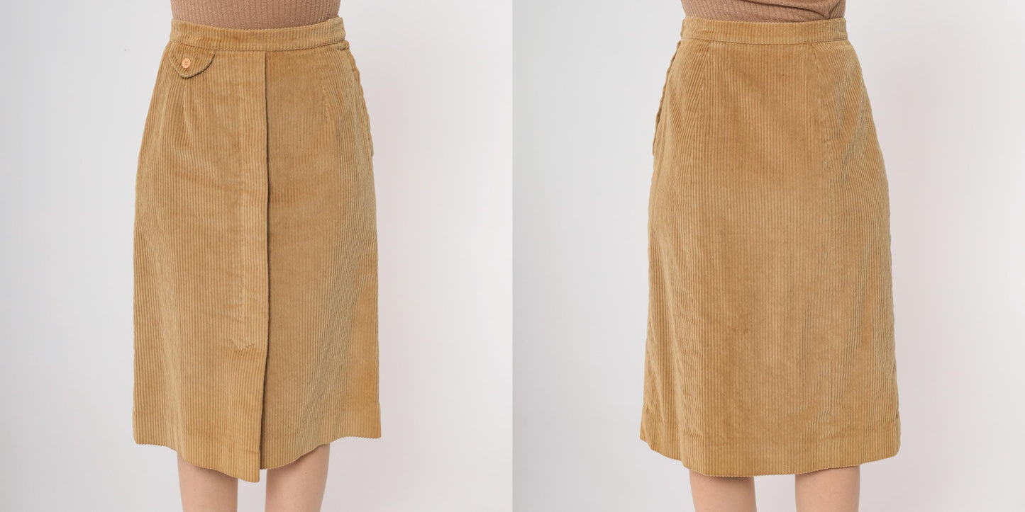 80s Nordstrom Tan Corduroy Midi Skirt Button Detail Small S