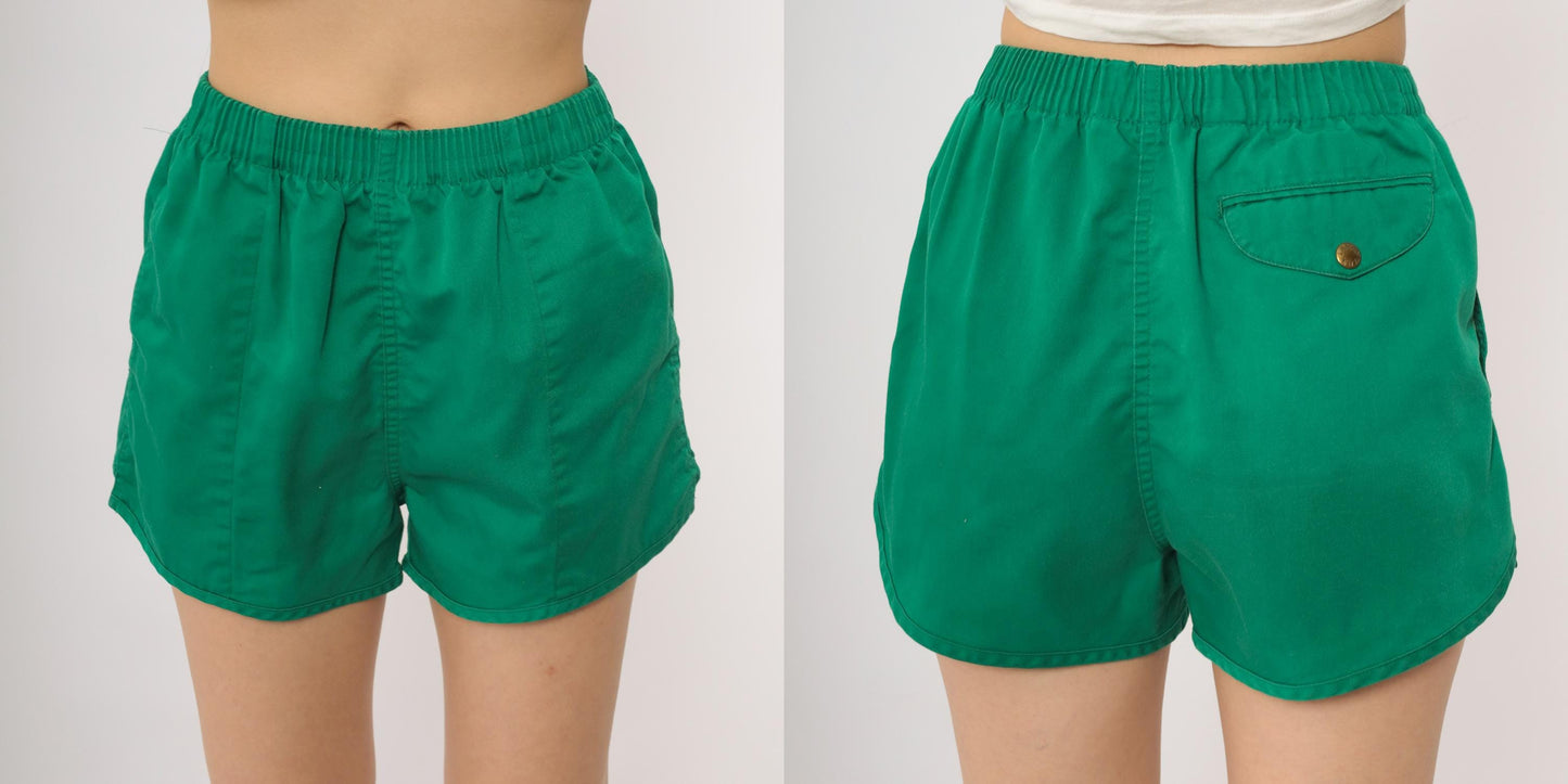 80s Lands End Green Athletic Shorts High Waist Running Gym Small S