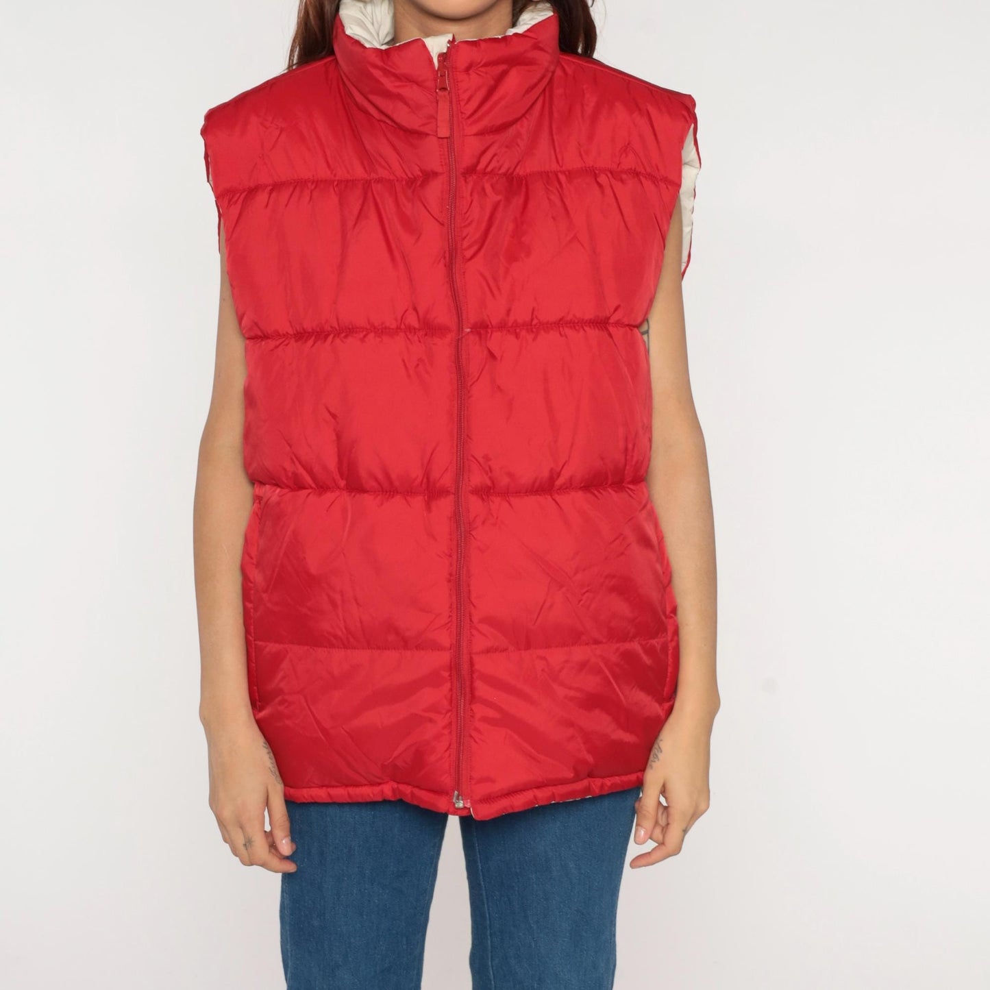 Y2K Red Puffer Vest Reversible Cream Zip Front Sleeveless Large L