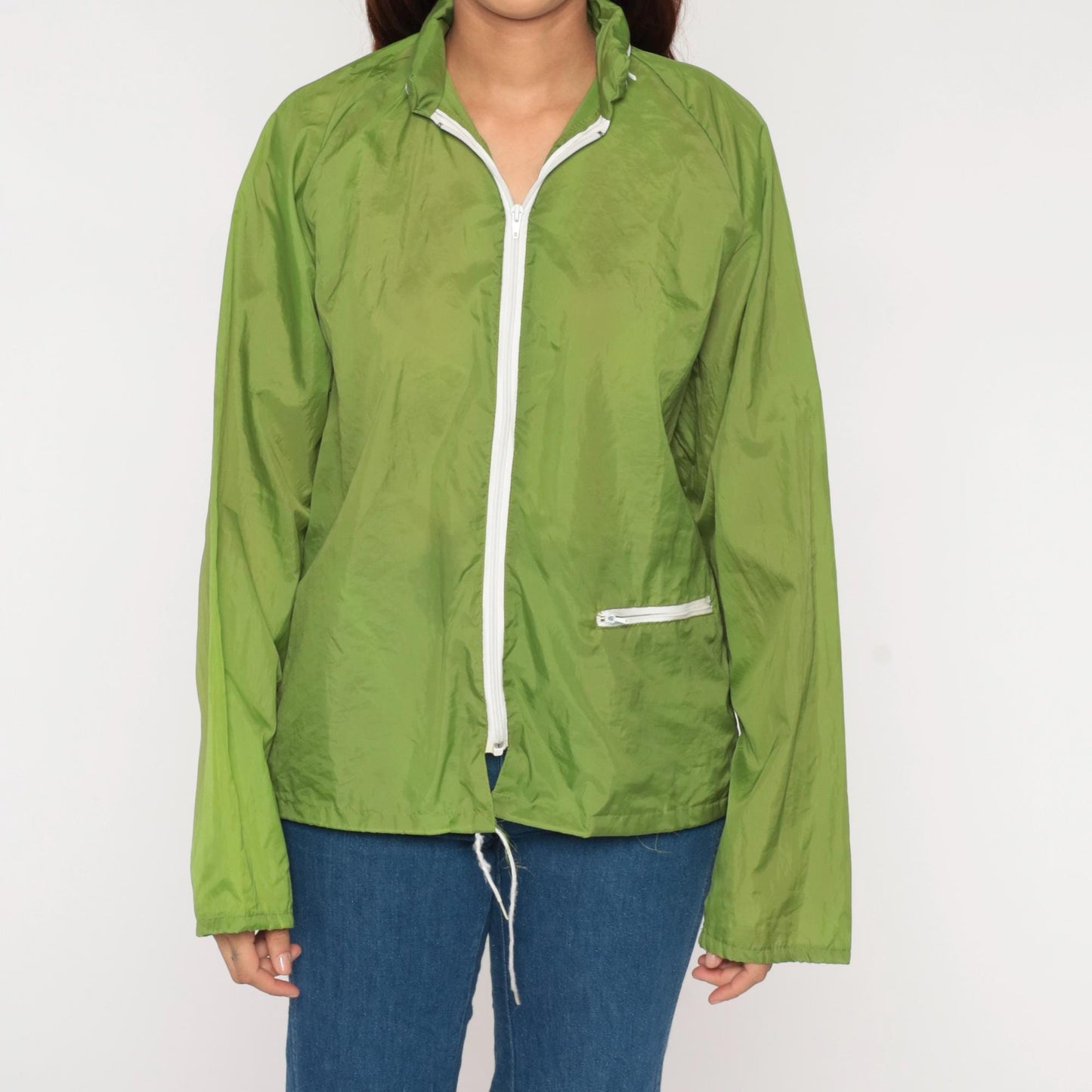70s Lime Green Windbreaker Nylon Zip Hood Jacket Large L