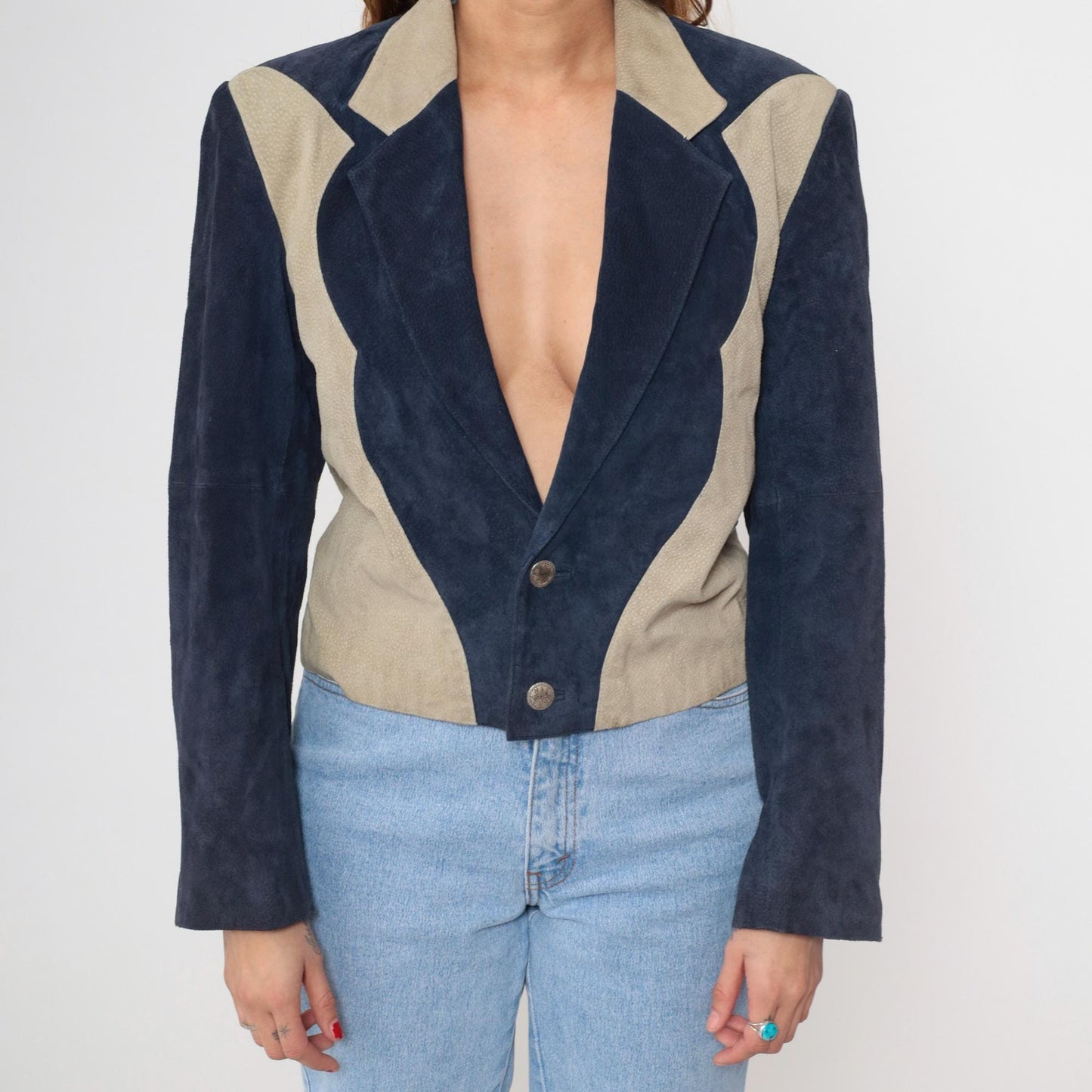 90s Scully Western Blazer Navy Beige Genuine Leather Jacket Medium M