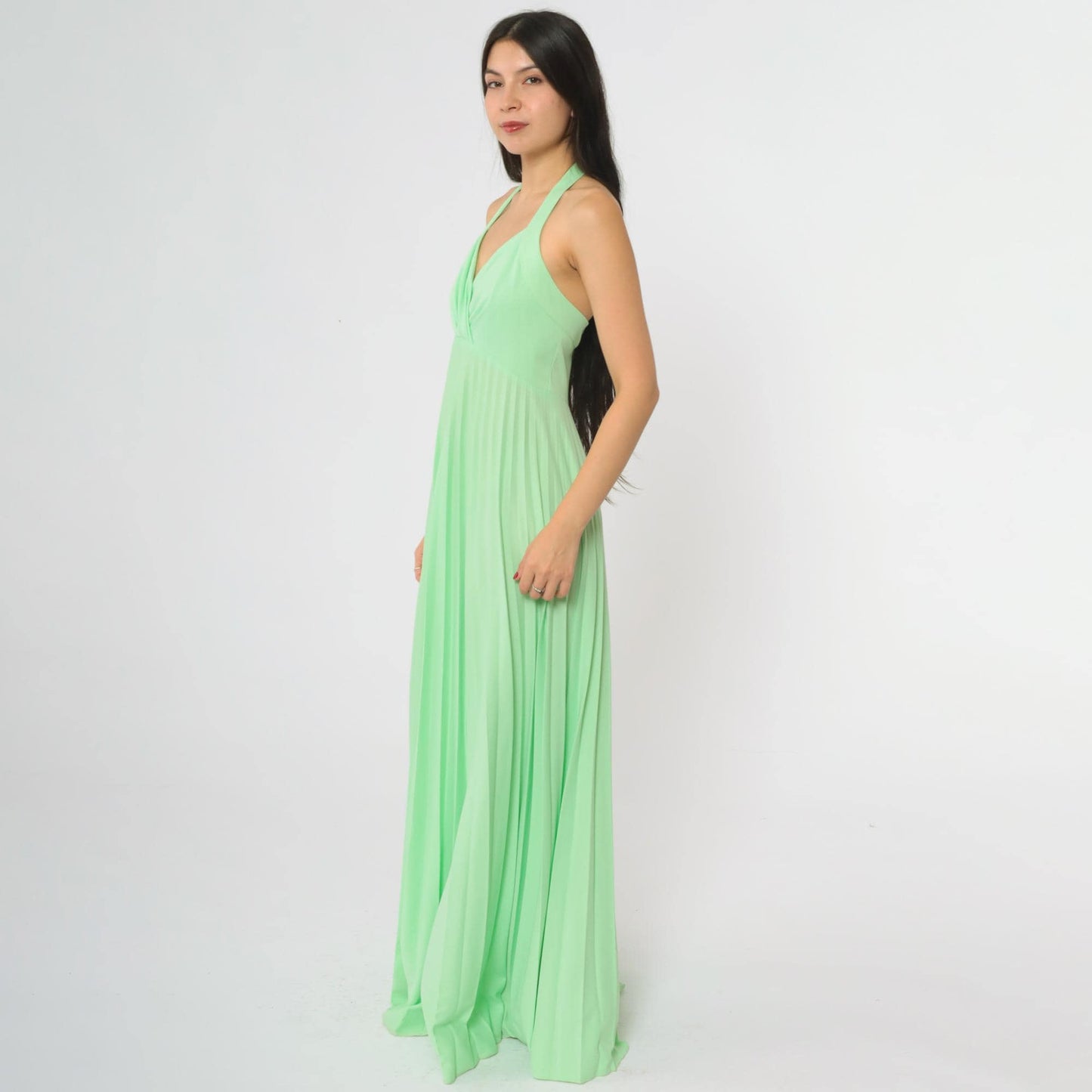 70s Lime Green Halter Maxi Dress Pleated V-Neck Floor-Length Small
