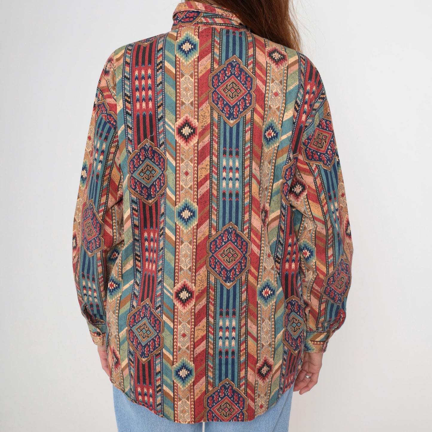 90s Margo's Southwestern Tribal Print Button-Up Shirt Cotton Large L