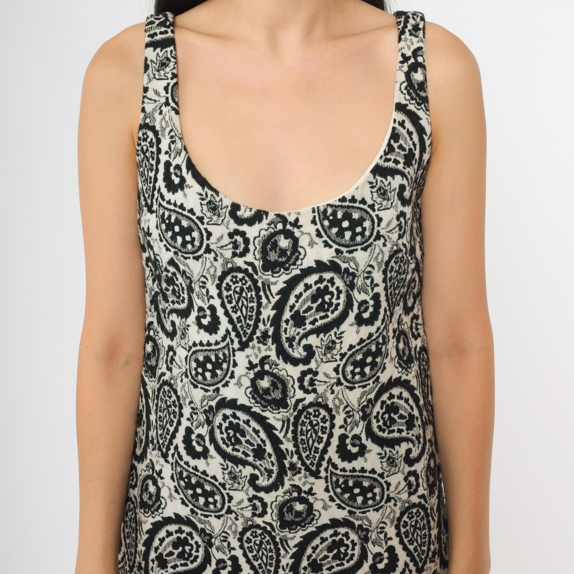 60s Paisley Mini Dress Black White Mod Tank A-Line Small