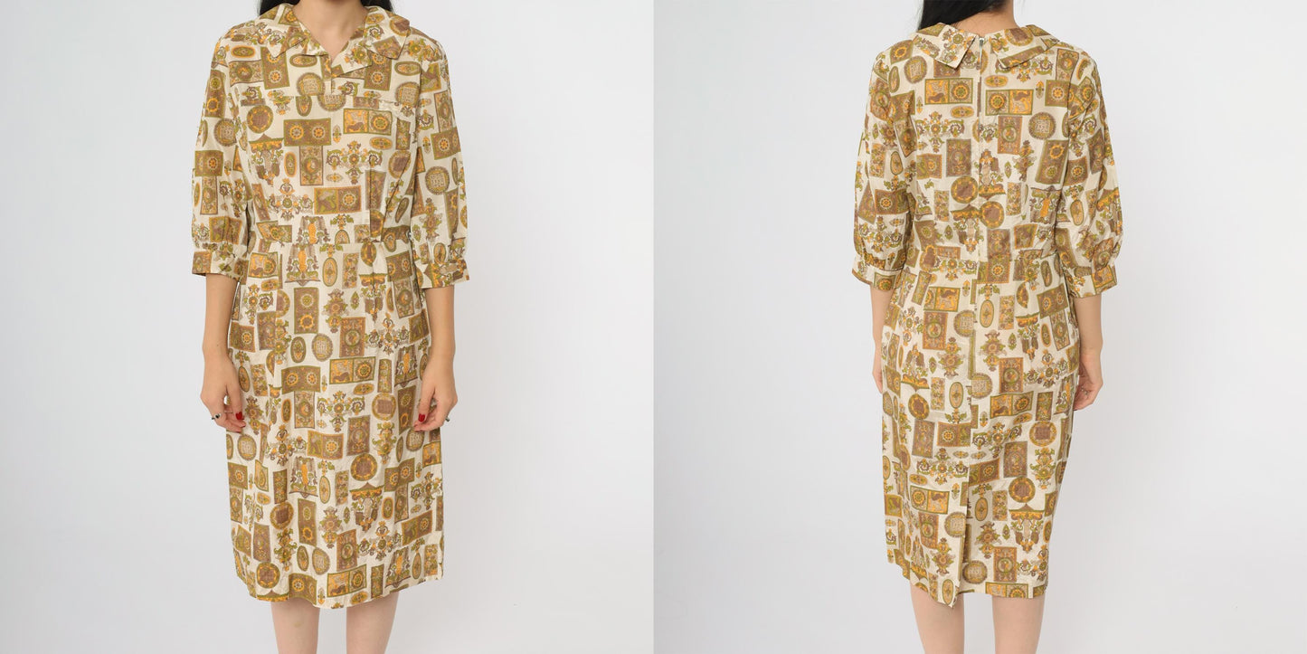 60s Medallion Print Dress Quarter Sleeve Collar Button Midi A-Line Brown Orange Large L