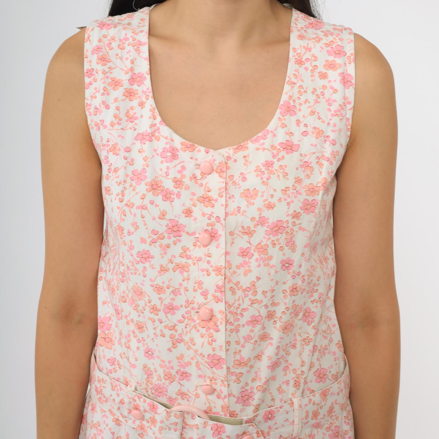 60s Pink Floral Romper Sleeveless Button Front Tie Belt Mini Playsuit Small