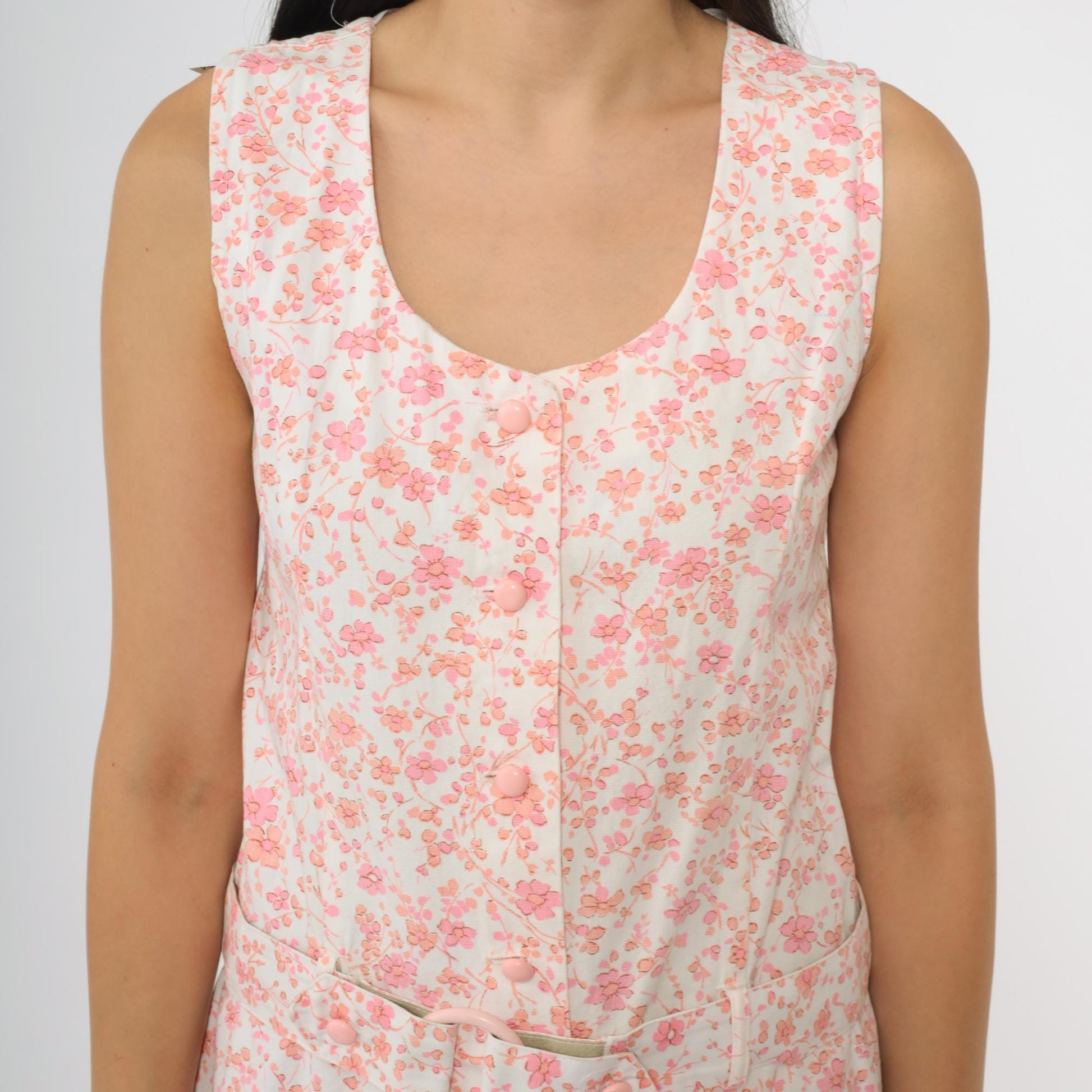 60s Pink Floral Romper Sleeveless Button Front Tie Belt Mini Playsuit Small