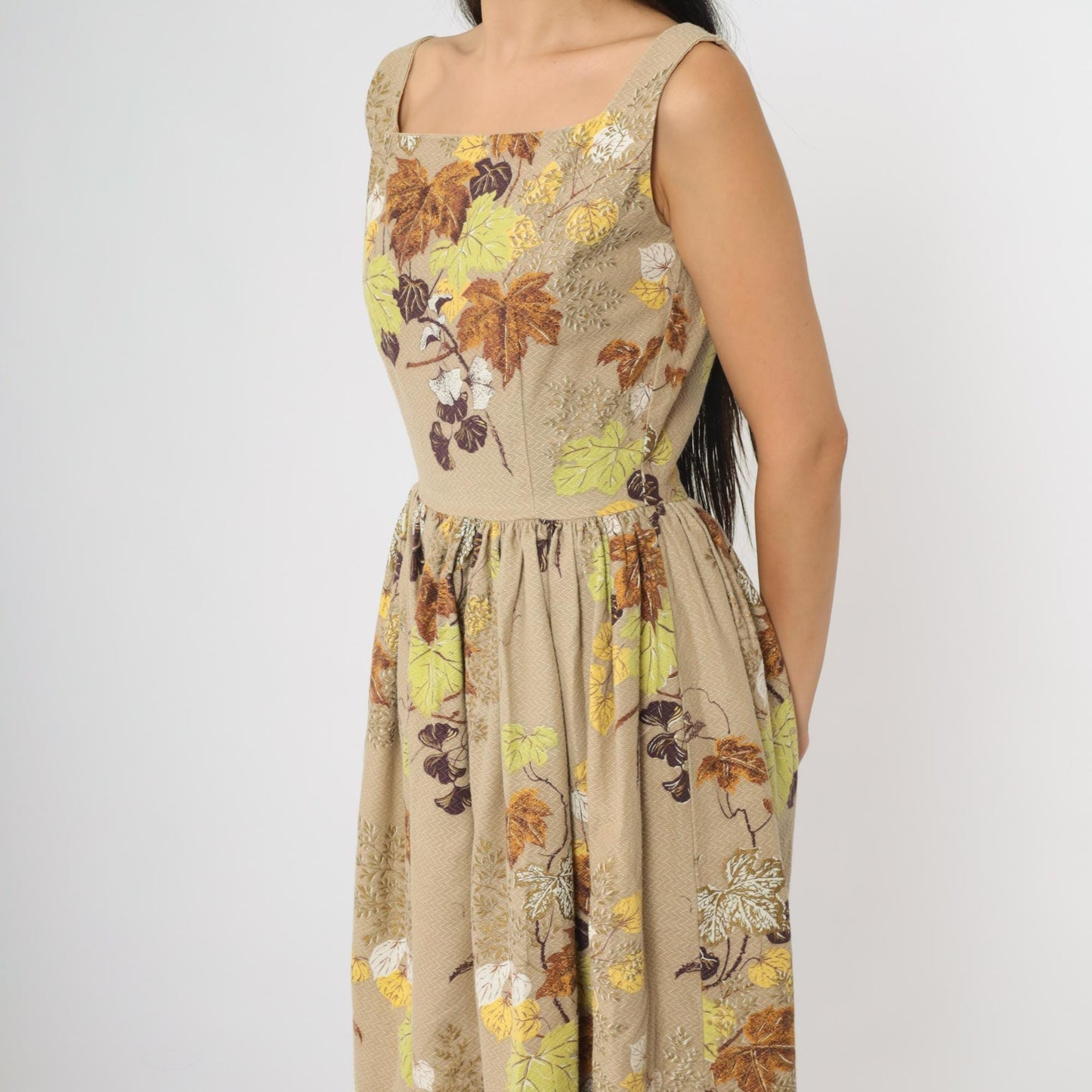 60s Leaf Print Dress Tan Brown Square Neck A-Line Cotton Small