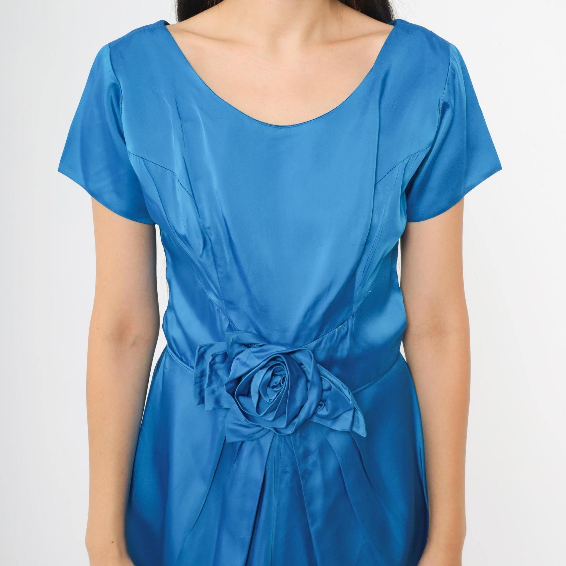 60s Royal Blue Cocktail Dress Rose Belt A-Line Scoop Neck Large L
