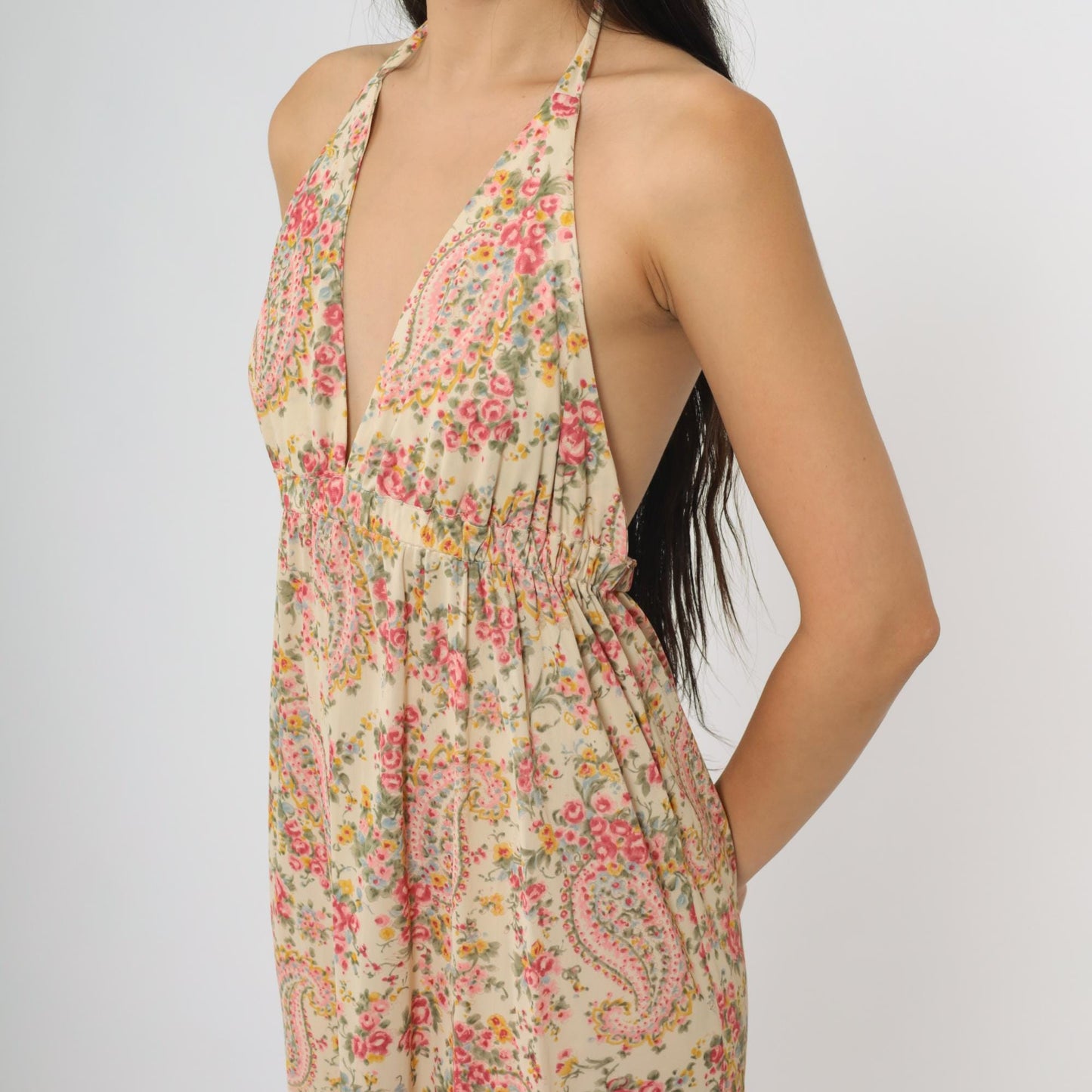 70s Pink Yellow Paisley Halter Maxi Dress Empire Waist Open Back Medium