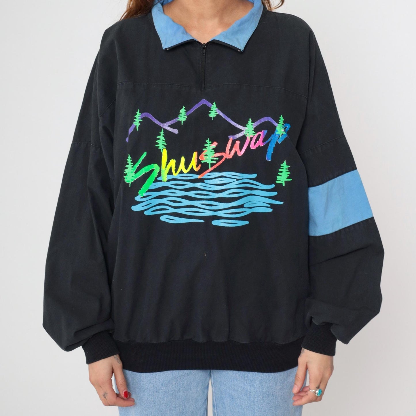 90s Shuswap Mountain Pullover Quarter Zip Black Colorblock Cotton Large