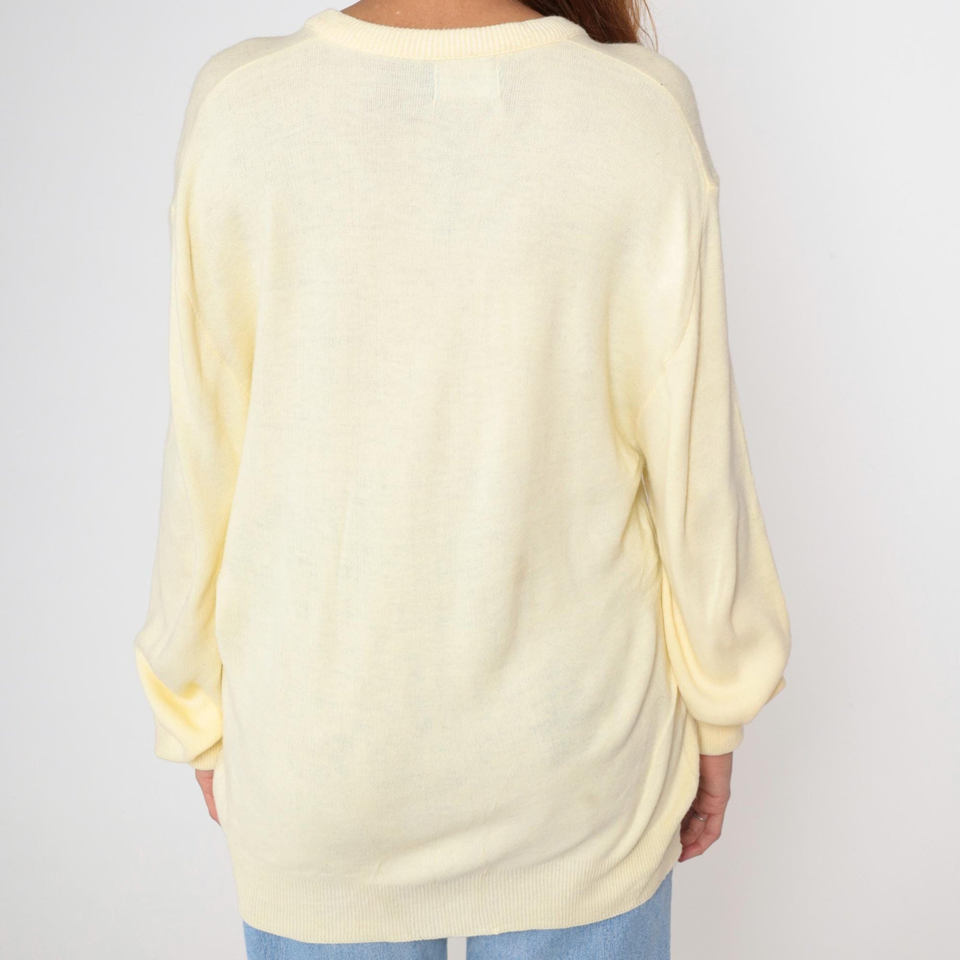 80s Pastel Yellow V-Neck Knit Sweater Pullover Medium M