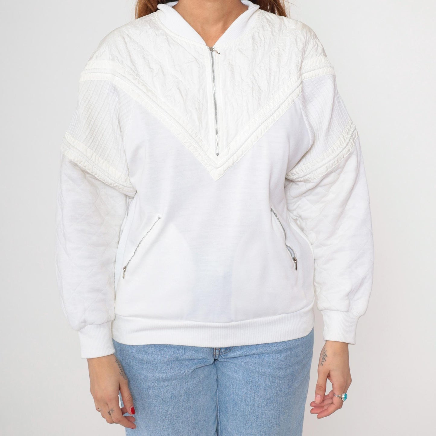 80s Marcy n Me White Quilted Zip Jacket Diamond Pattern Medium