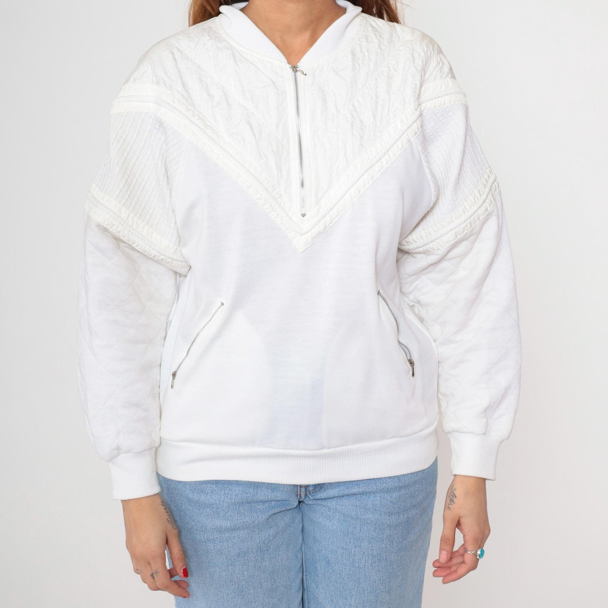 80s Marcy n Me White Quilted Zip Jacket Diamond Pattern Medium