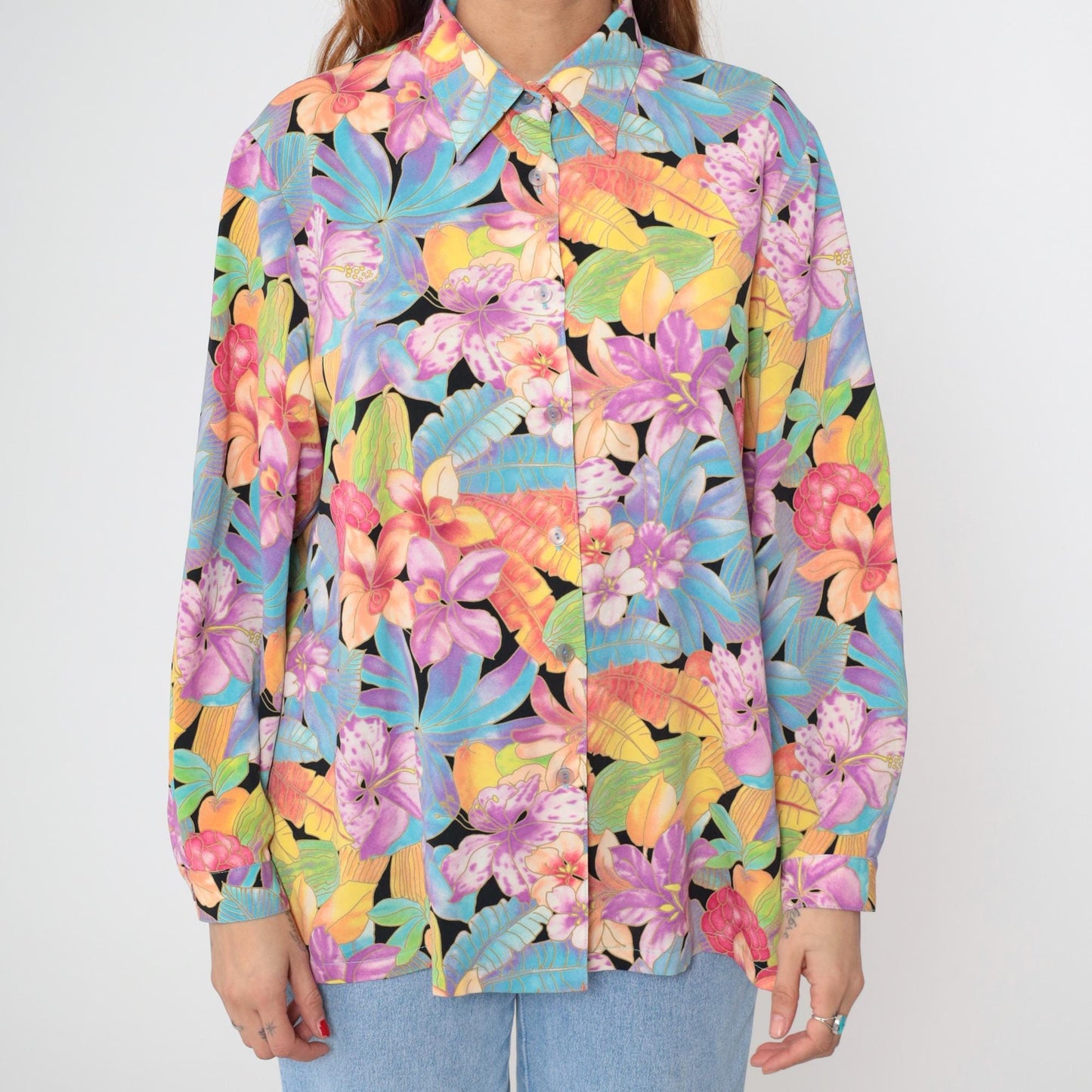 90s Tropical Floral Button Up Blouse Purple Hibiscus Black Rayon Long Sleeve Large