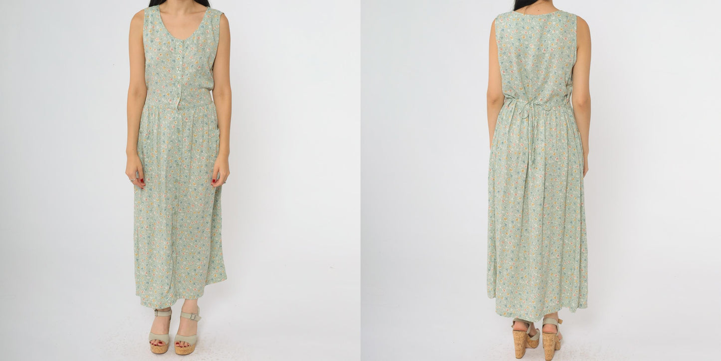 90s Sage Green Floral Midi Dress Button Front Tie Waist Sleeveless Medium M