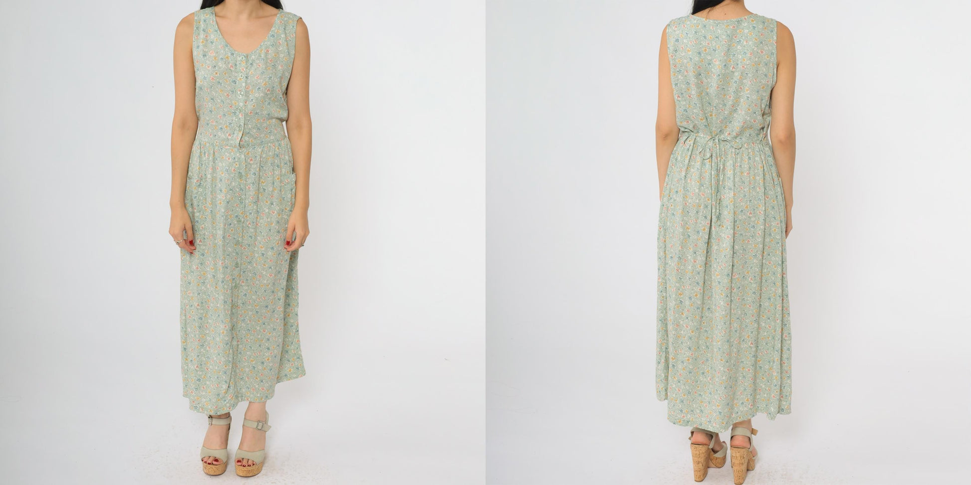 90s Sage Green Floral Midi Dress Button Front Tie Waist Sleeveless Medium M