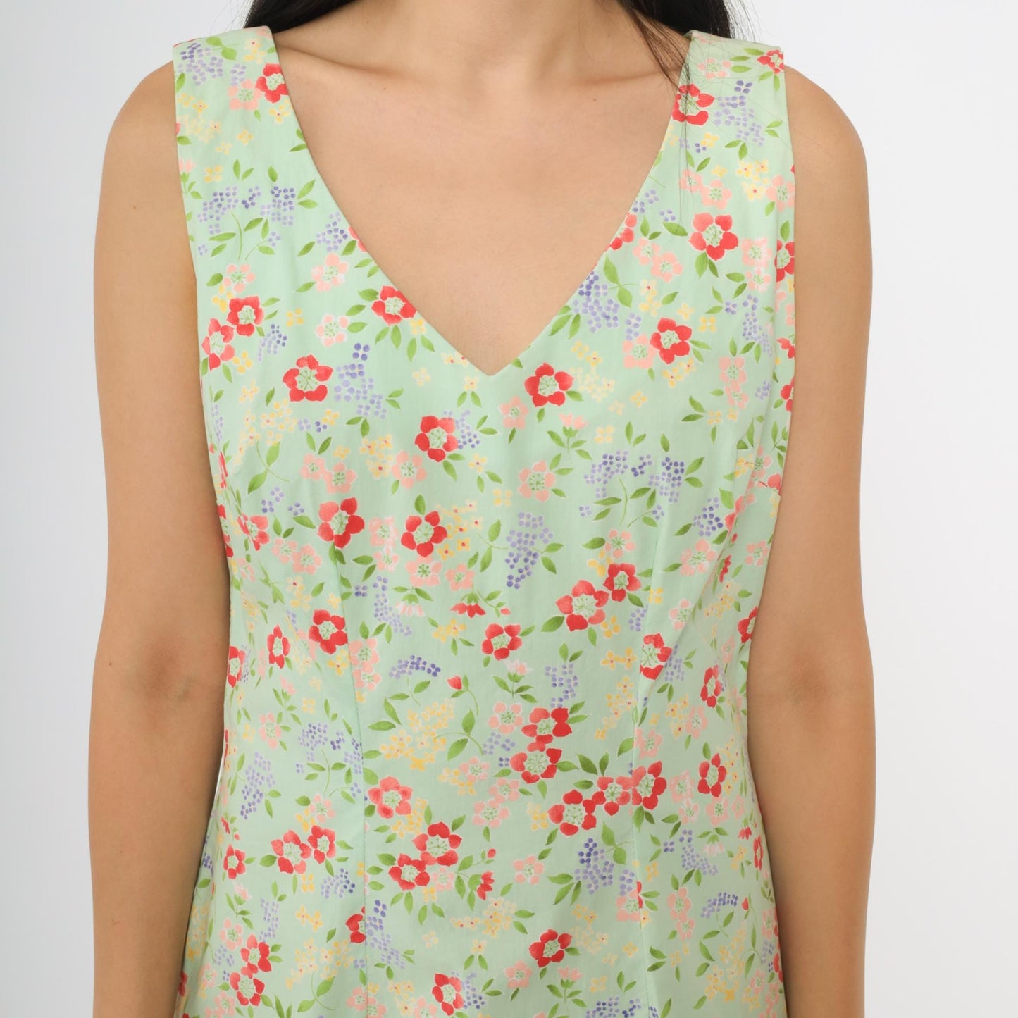 90s CDC Mint Floral Mini Dress Sleeveless V-Neck Small S